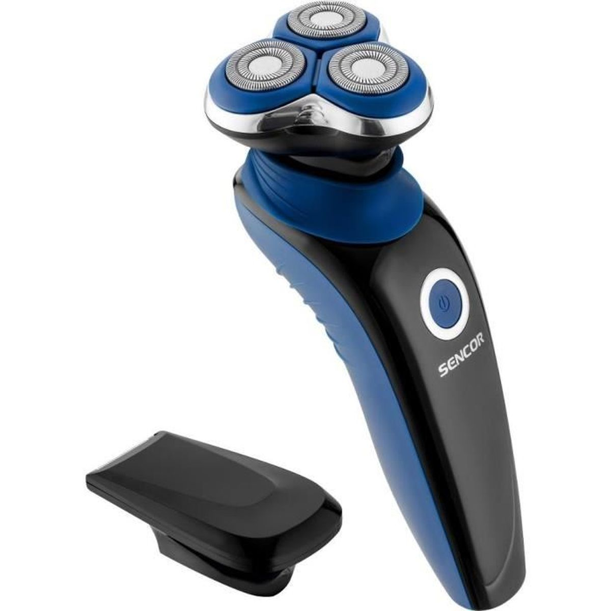 Rasoio elettrico blu e nero con tre testine di rasatura rotonde e un cappuccio rimovibile su sfondo bianco.