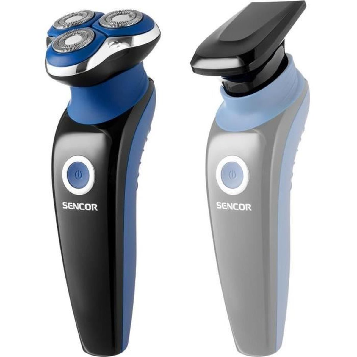 Due rasoi elettrici Sencor su sfondo bianco, uno blu e nero con tre teste, uno grigio con rifinitore.
