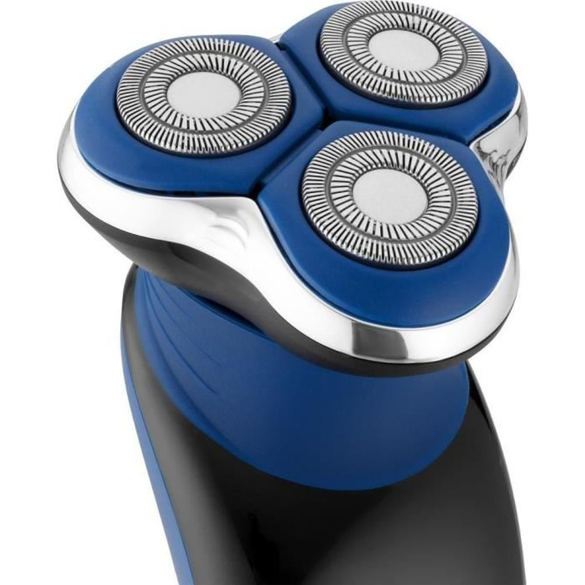 Primo piano di un rasoio elettrico con tre testine di rasatura rotonde in blu e argento.