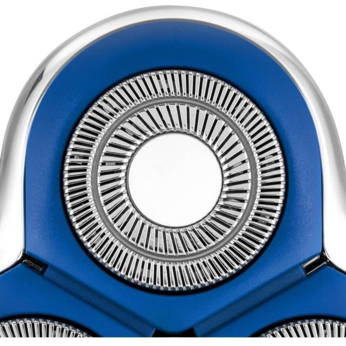 Primo piano di una testina di rasoio elettrico blu e argento con lame circolari.