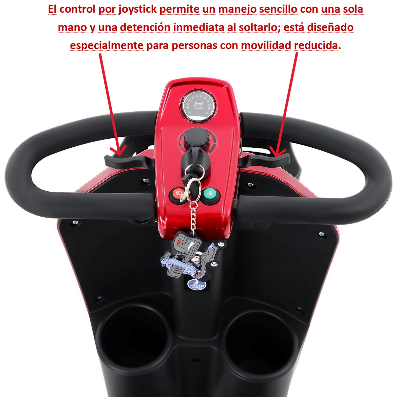 Manillar de un scooter eléctrico rojo con salpicadero, llave de contacto y dos portavasos.