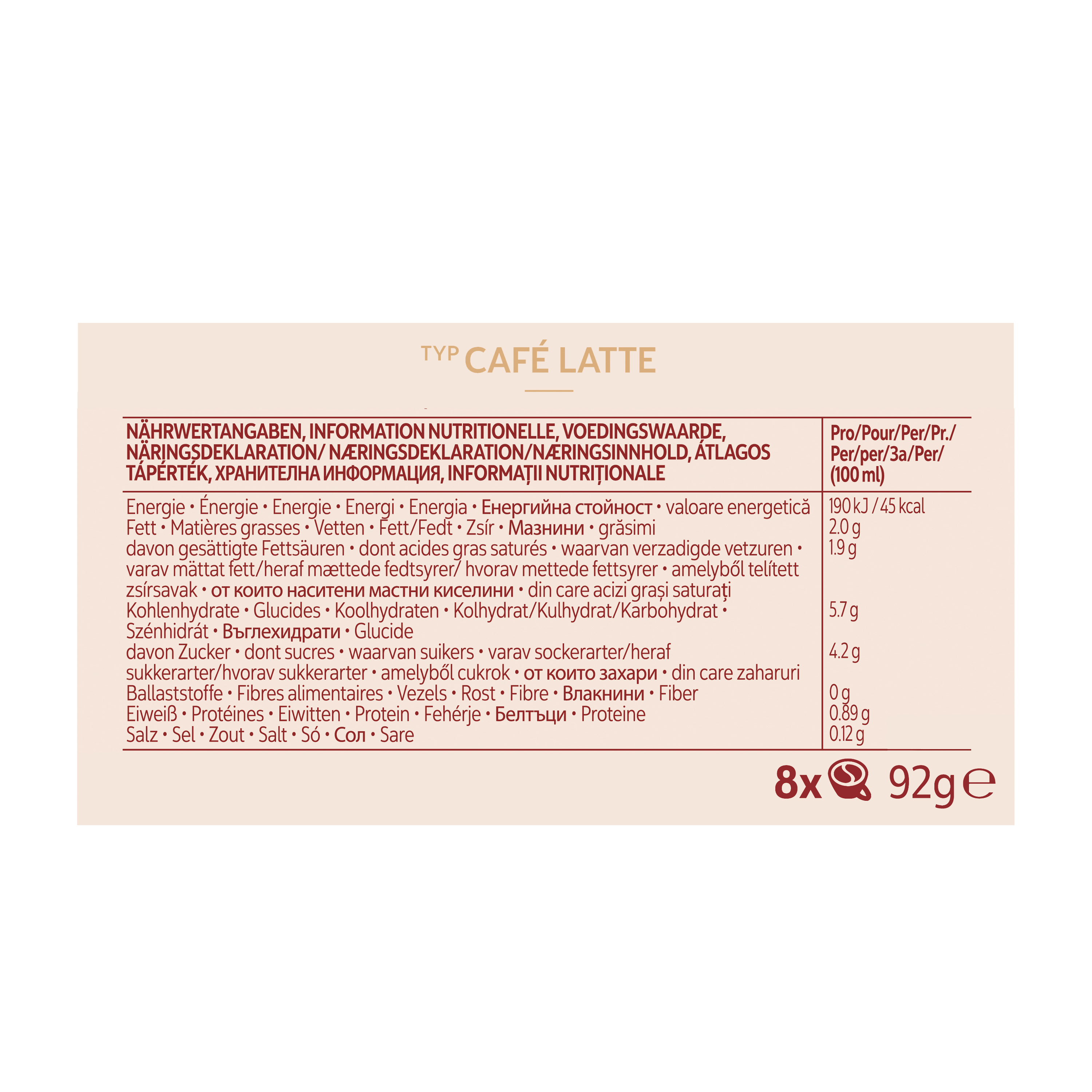 Nährwerttabelle für Café Latte in mehreren Sprachen auf hellem Hintergrund.