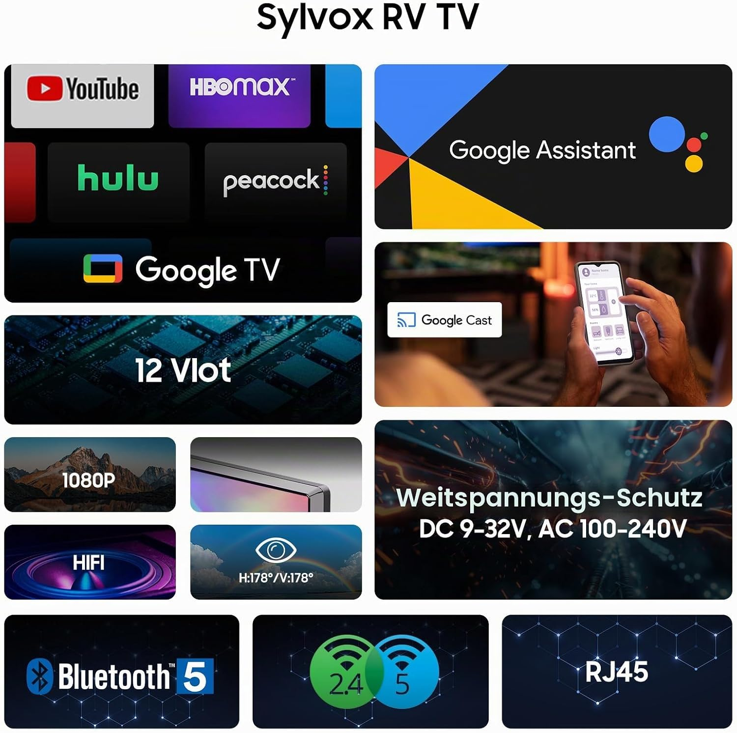 Sylvox RV TV cuenta con Google TV, Google Assistant, 12V, pantalla 1080P, Wi-Fi, Bluetooth 5 y protección de voltaje.
