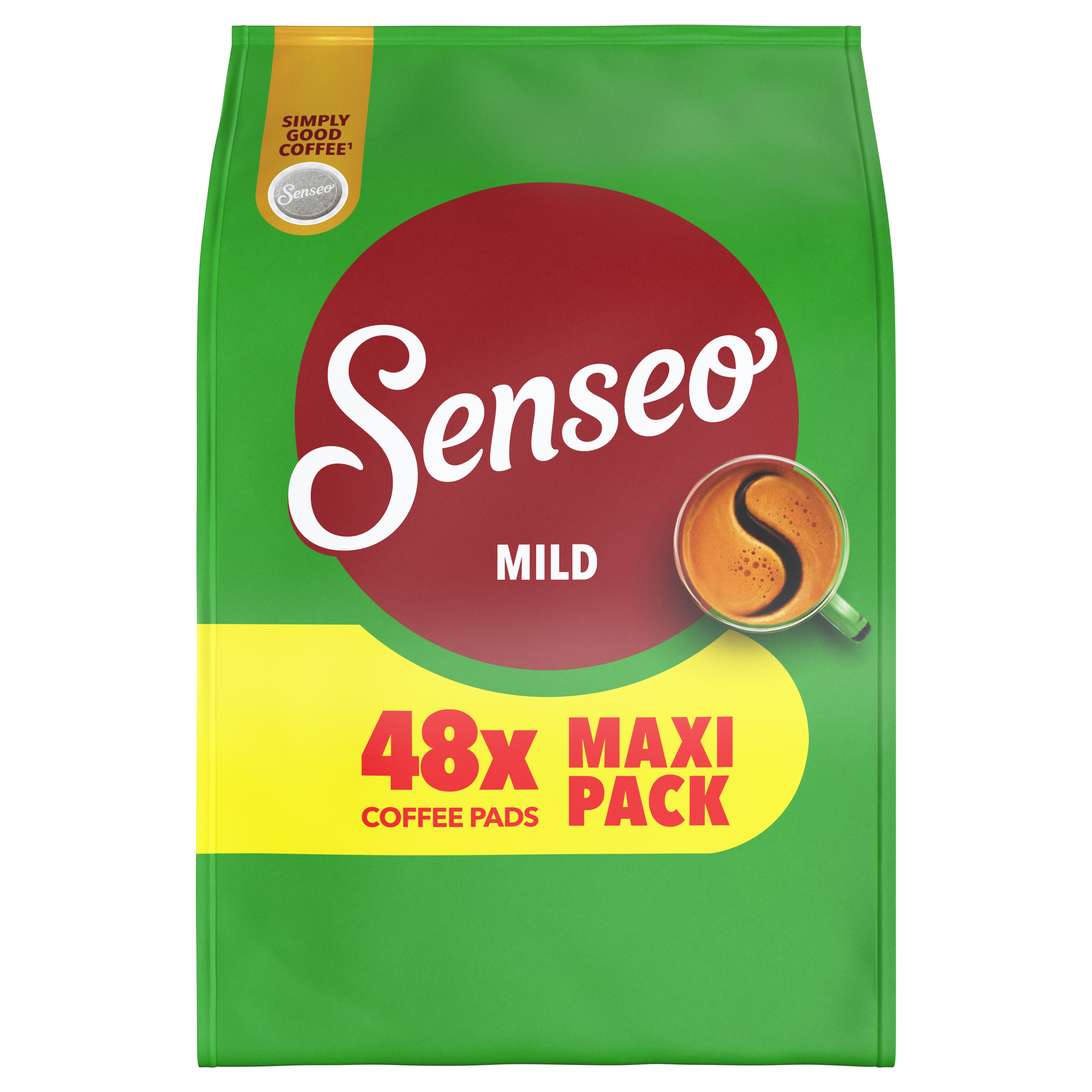 Grüne Senseo Milder Kaffeepads Maxi-Packung mit 48 Pads und Tassengrafik.