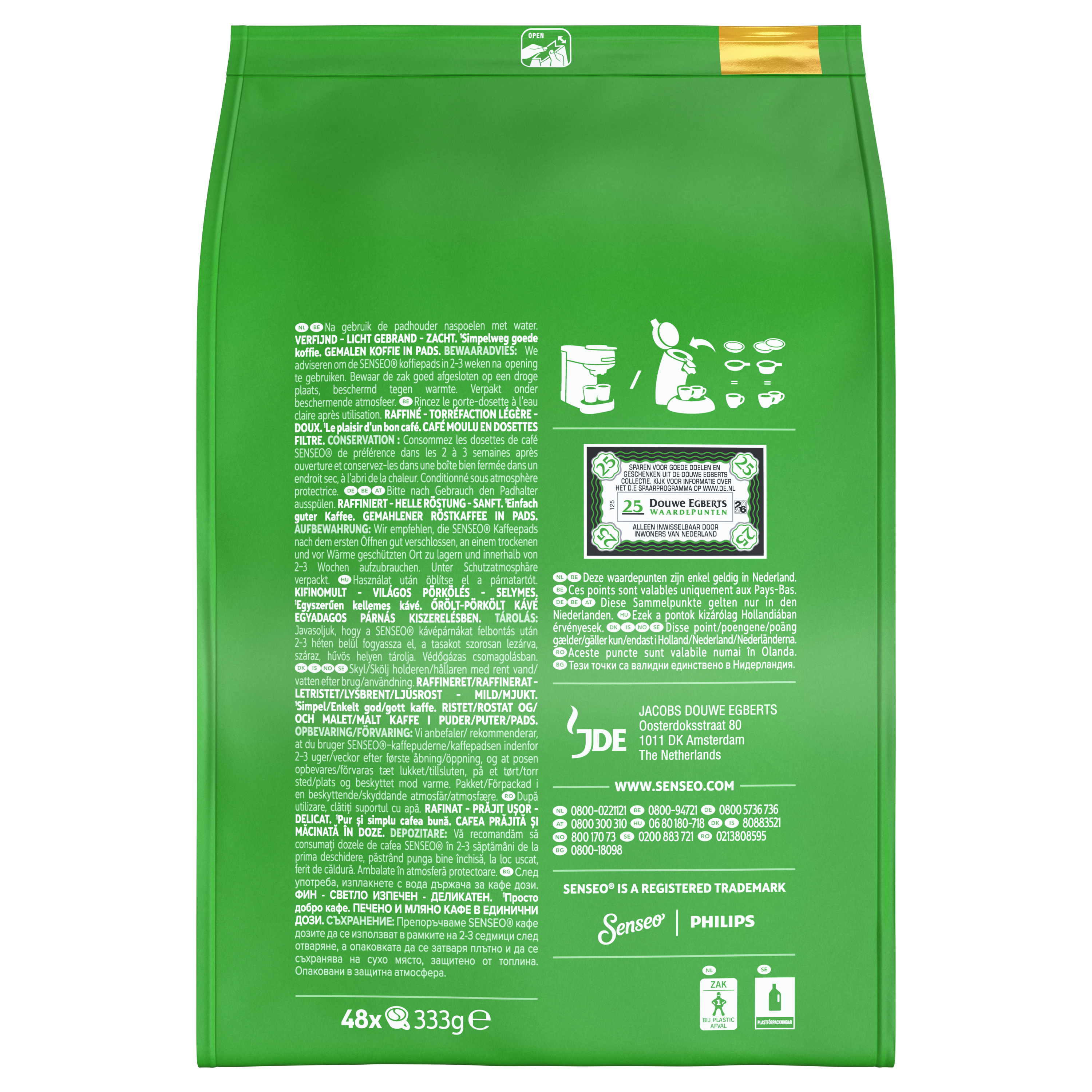 Grüne Kaffeeverpackung mit Text, Anweisungen und Logos auf der Rückseite.