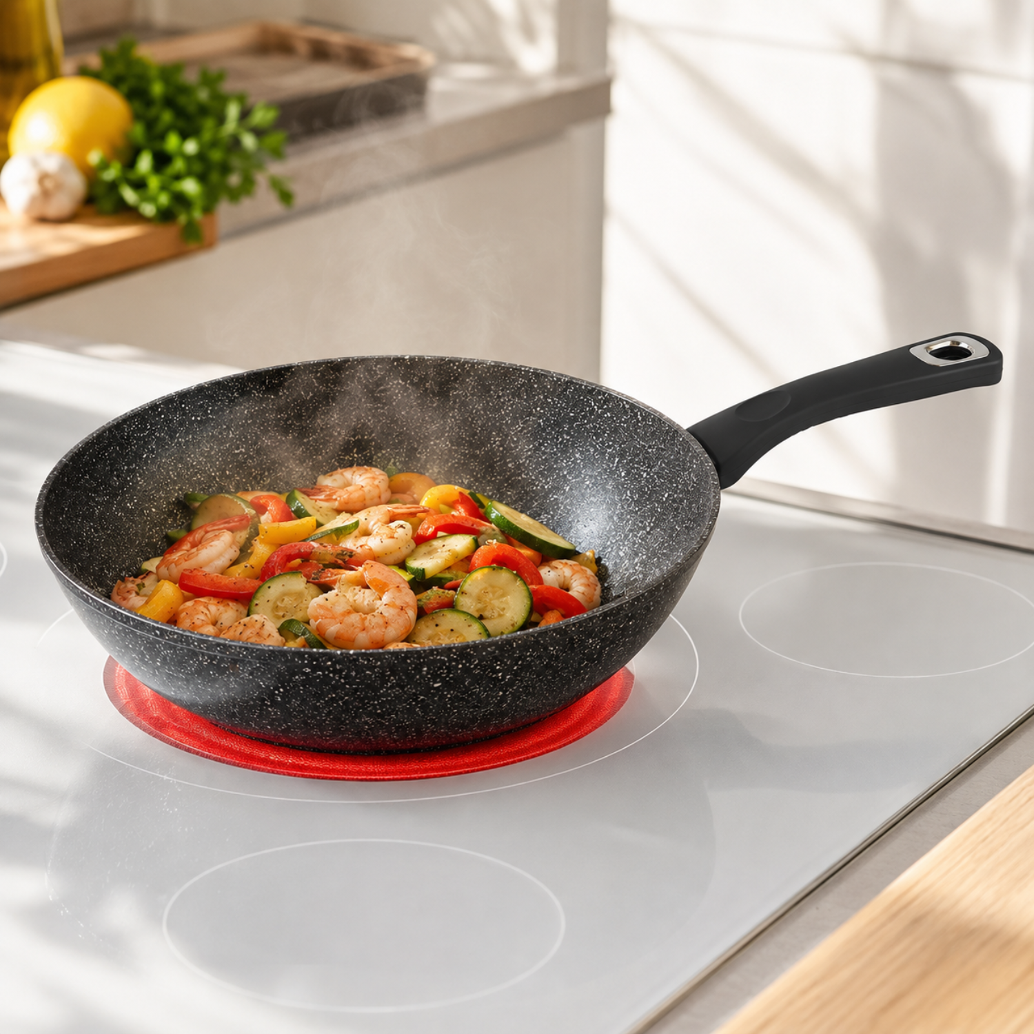 Una padella wok con gamberi e verdure fumanti cuoce su un piano cottura bianco luminoso in una cucina soleggiata.