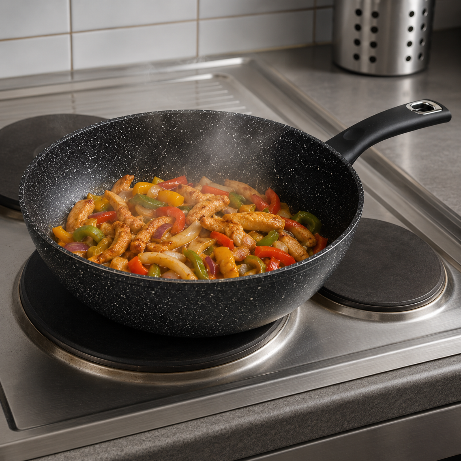Una padella nera sul fuoco cuoce strisce di pollo con peperoni rossi, gialli, verdi e cipolle.