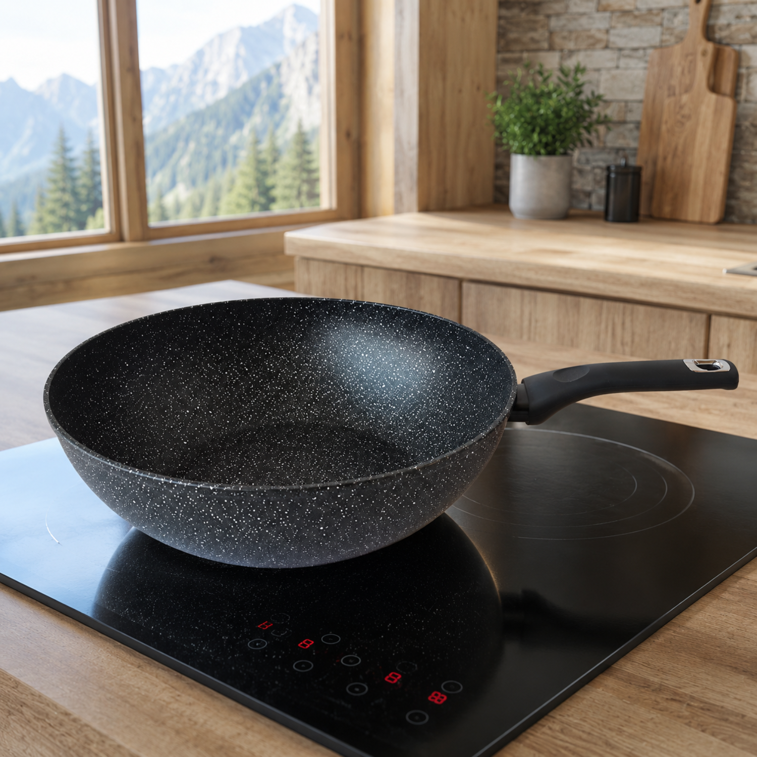 Una padella wok nera si trova su un piano cottura a induzione in una cucina in legno con vista montagna.