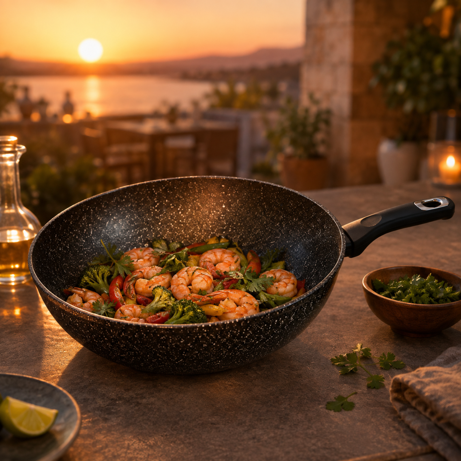 Un wok maculato con gamberi e verdure su un tavolo, con un tramonto sull'acqua sullo sfondo.