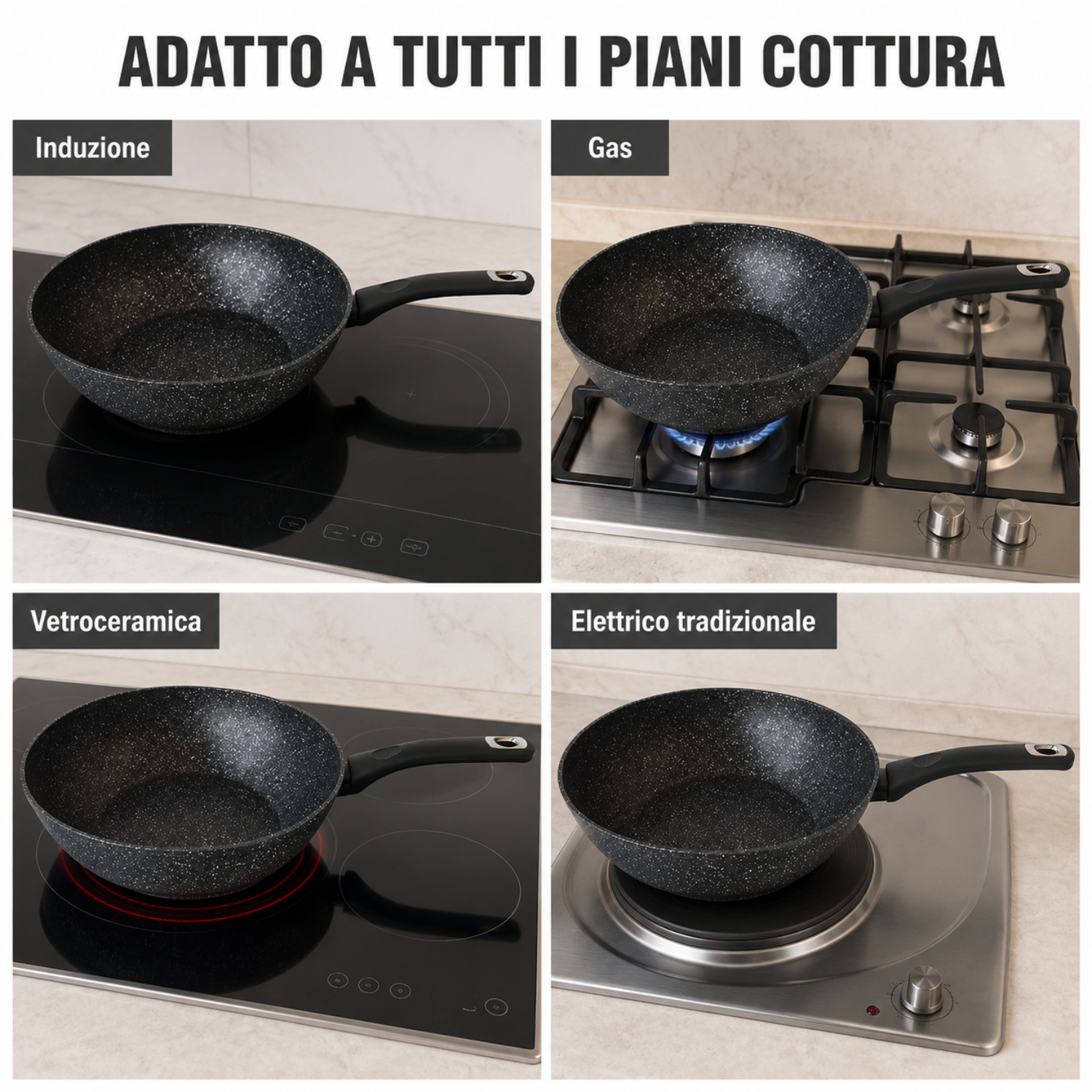 Una padella in granito nero mostrata su quattro piani cottura: induzione, gas, vetroceramica ed elettrico.