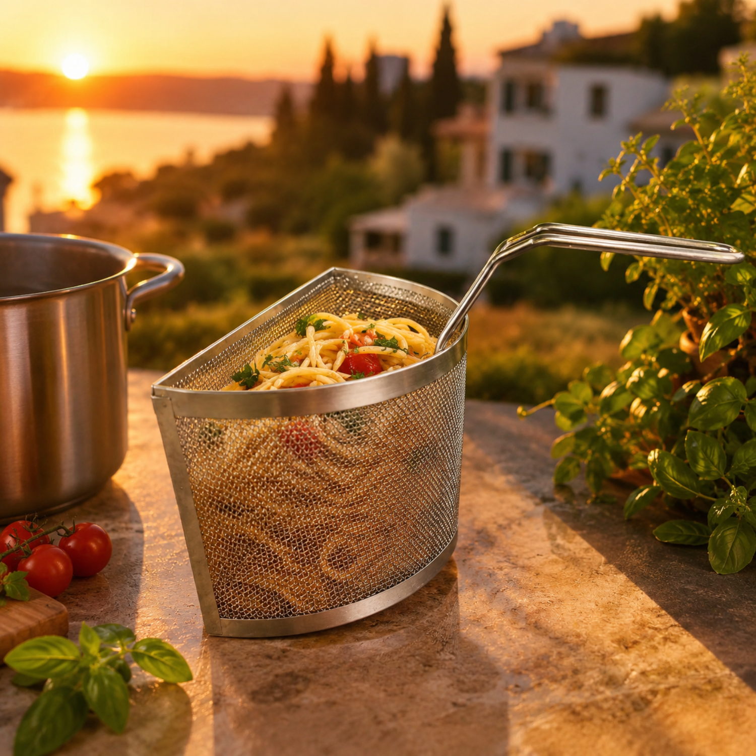 Spaghetti in un colino di metallo su un tavolo all'aperto al tramonto.