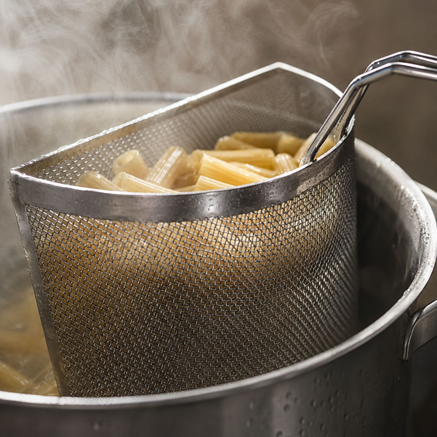 Un cestello per pasta in metallo con rigatoni bolliti estratto da una pentola fumante.