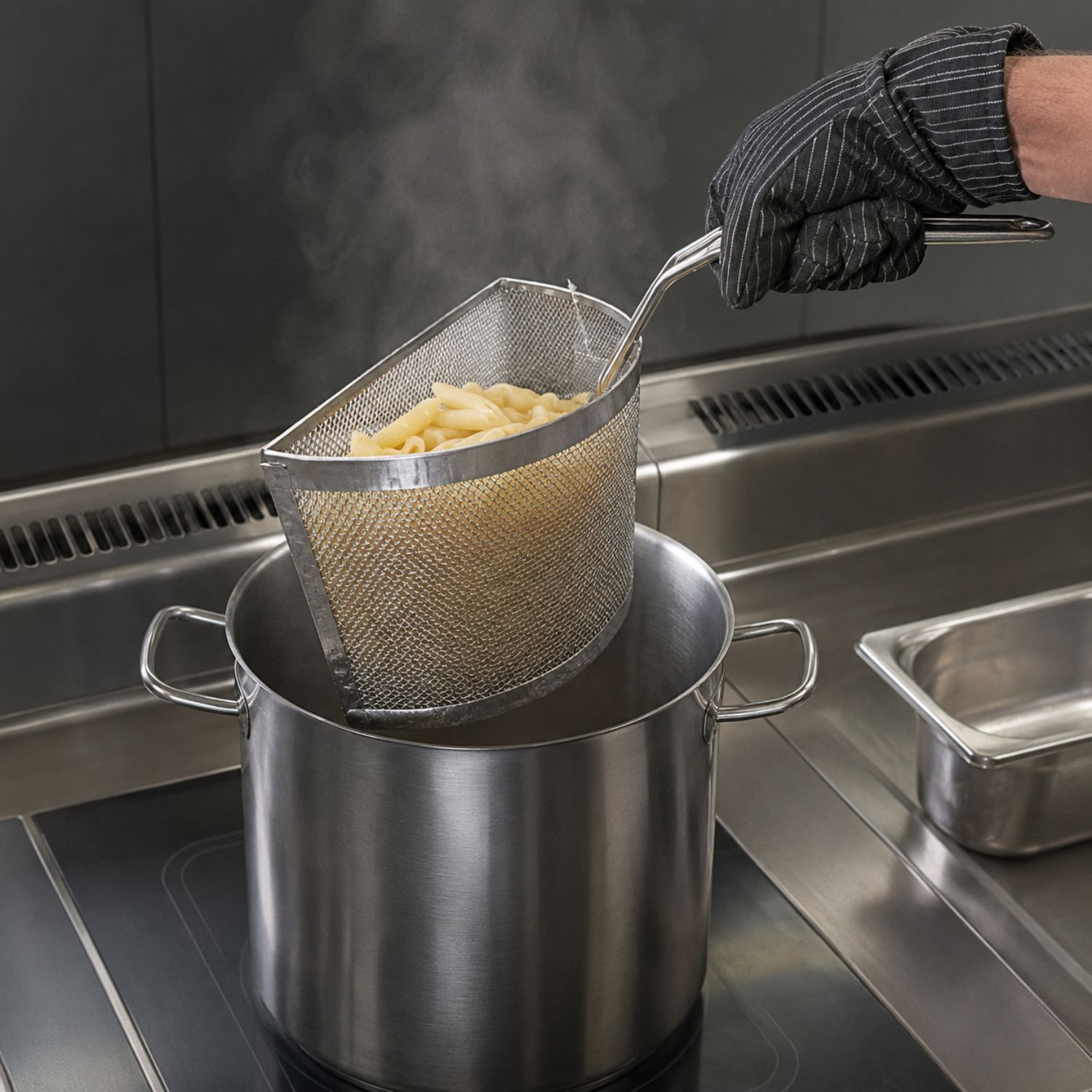 Una mano guantata tiene un colapasta sopra una pentola.