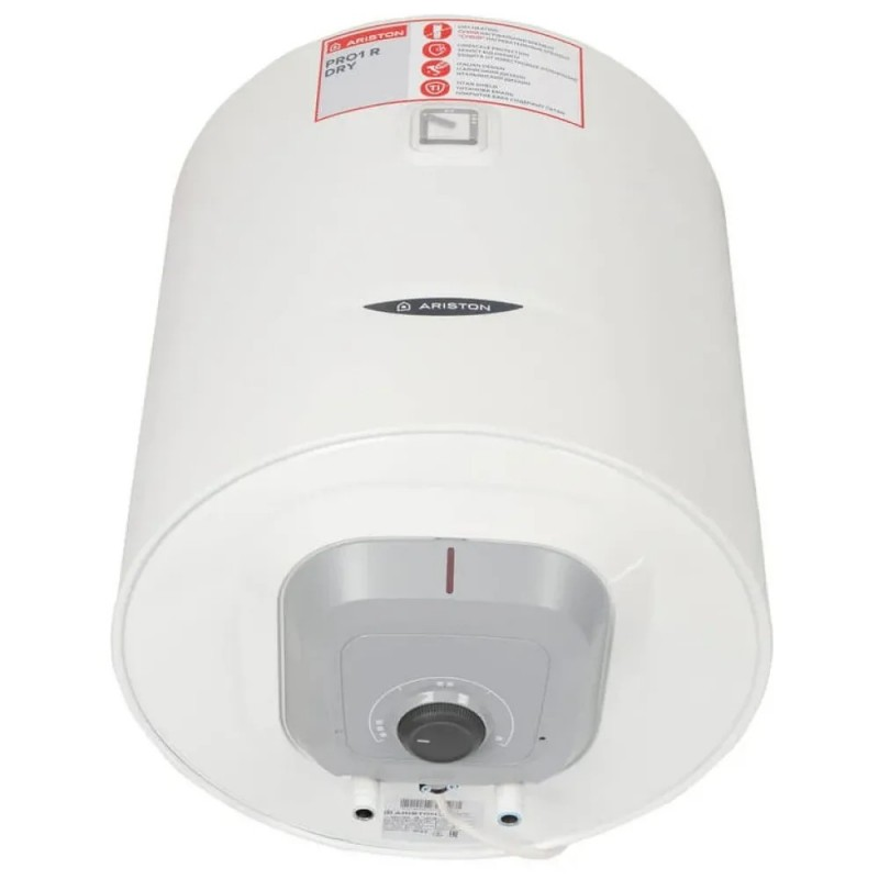 Gri kontrol panelli ve düğmeli beyaz Ariston Pro1 R Dry elektrikli su ısıtıcısı.