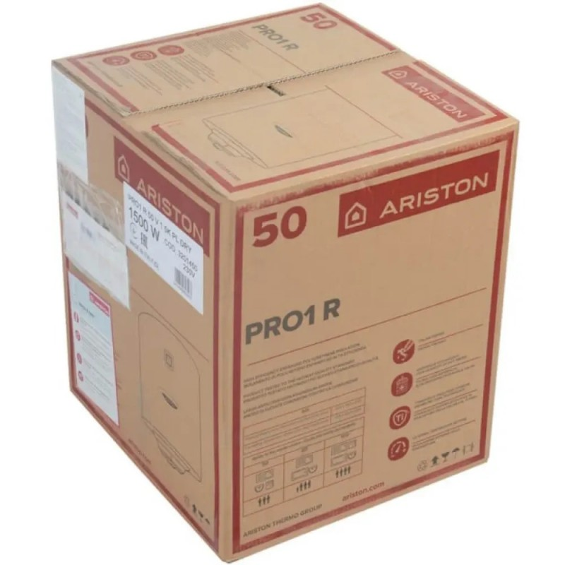 Kapalı bir Ariston Pro1 R 50 karton kutusu, kahverengi ve kırmızı kağıt üzerinde ürün bilgileri ve logolar gösterir.