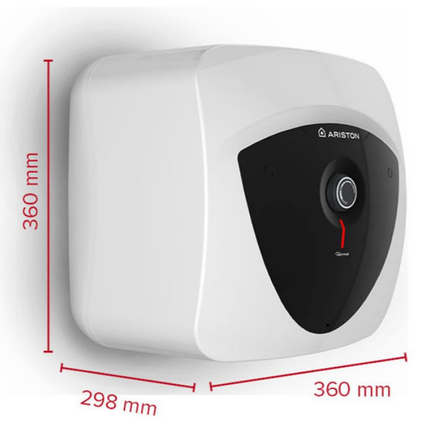 Siyah ön panelli, düğmeli ve 360x360x298 mm ölçü çizgilerine sahip beyaz Ariston su ısıtıcısı.