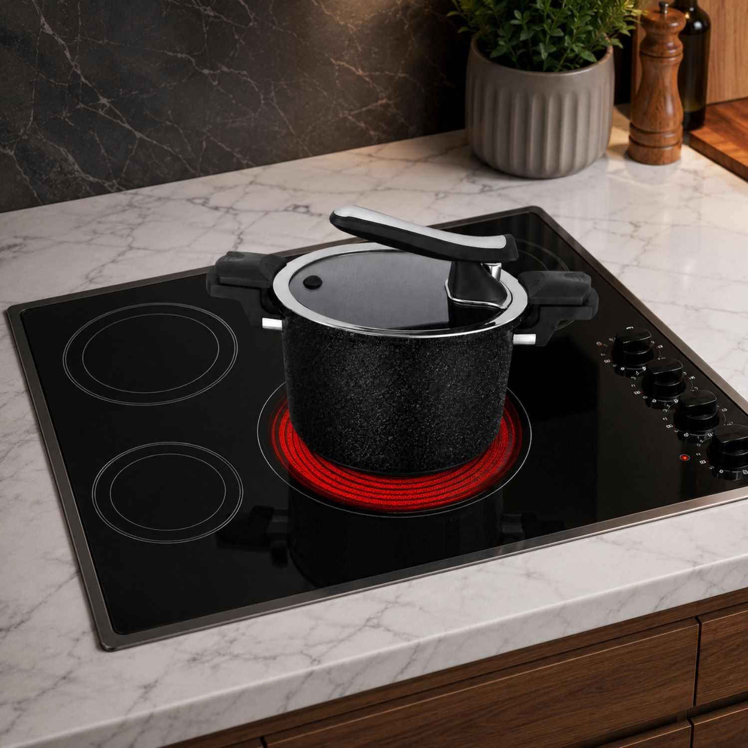 Una pentola a pressione nera su un piano cottura a induzione rosso in una cucina moderna.
