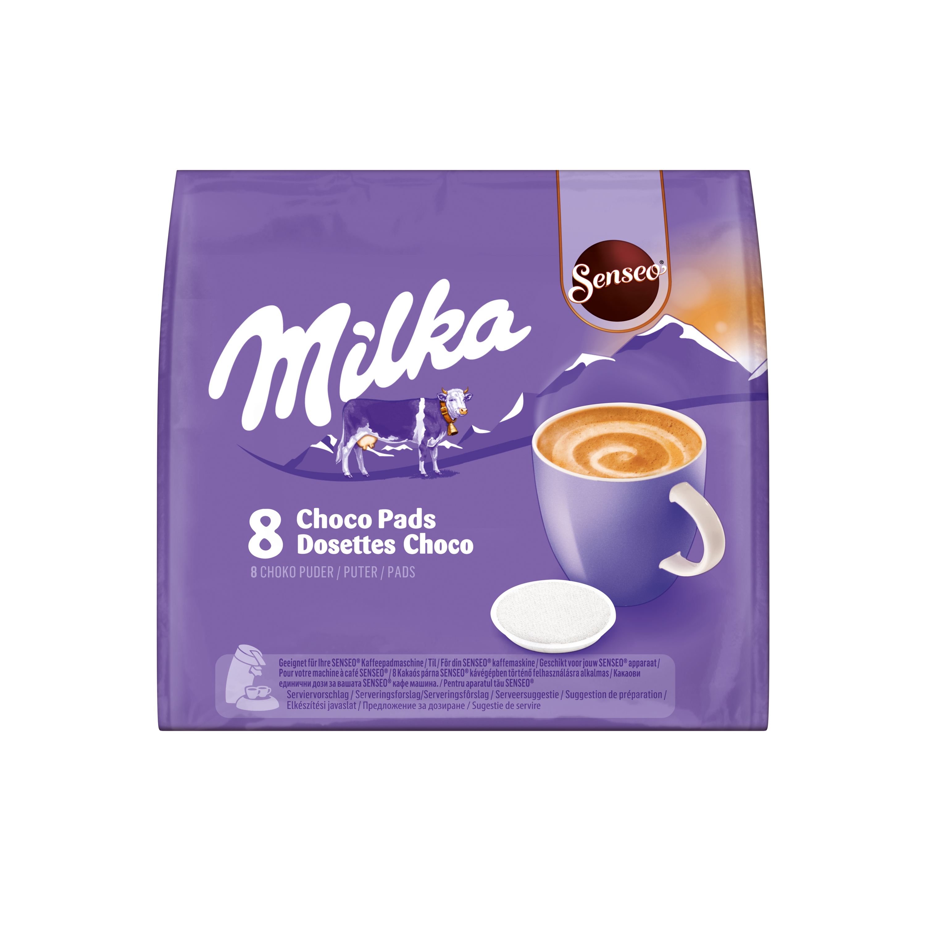Lila Milka Senseo Kaffeepad-Verpackung mit einer Milka-Kuh, einer Tasse Kakao und einem einzelnen Pad.