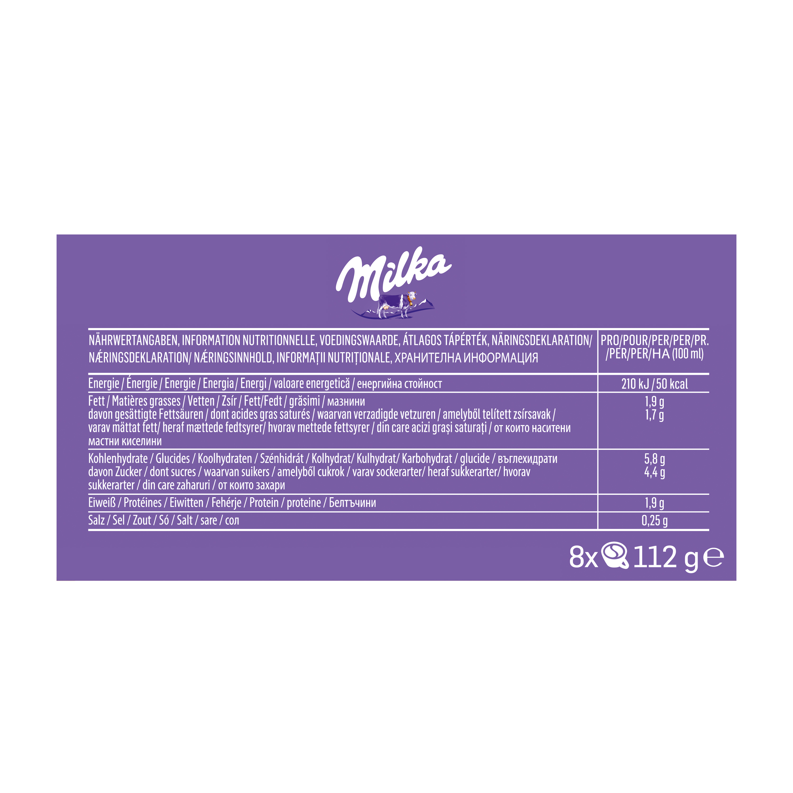 Milka Nährwerttabelle und Produktinformationen auf violettem Hintergrund.