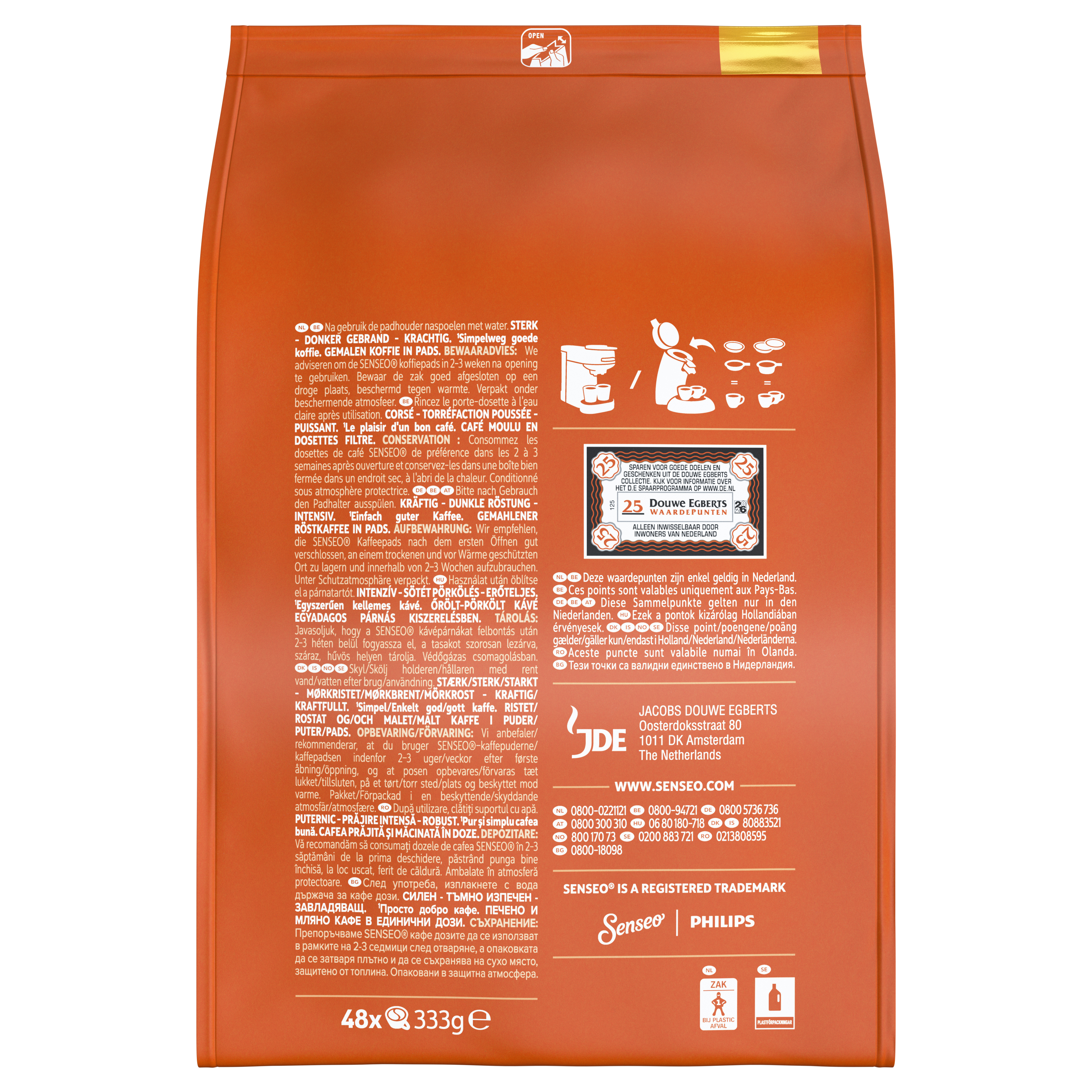 Rückseite einer orangefarbenen Kaffeepackung mit Text, Anleitungen und dem Douwe Egberts Logo.