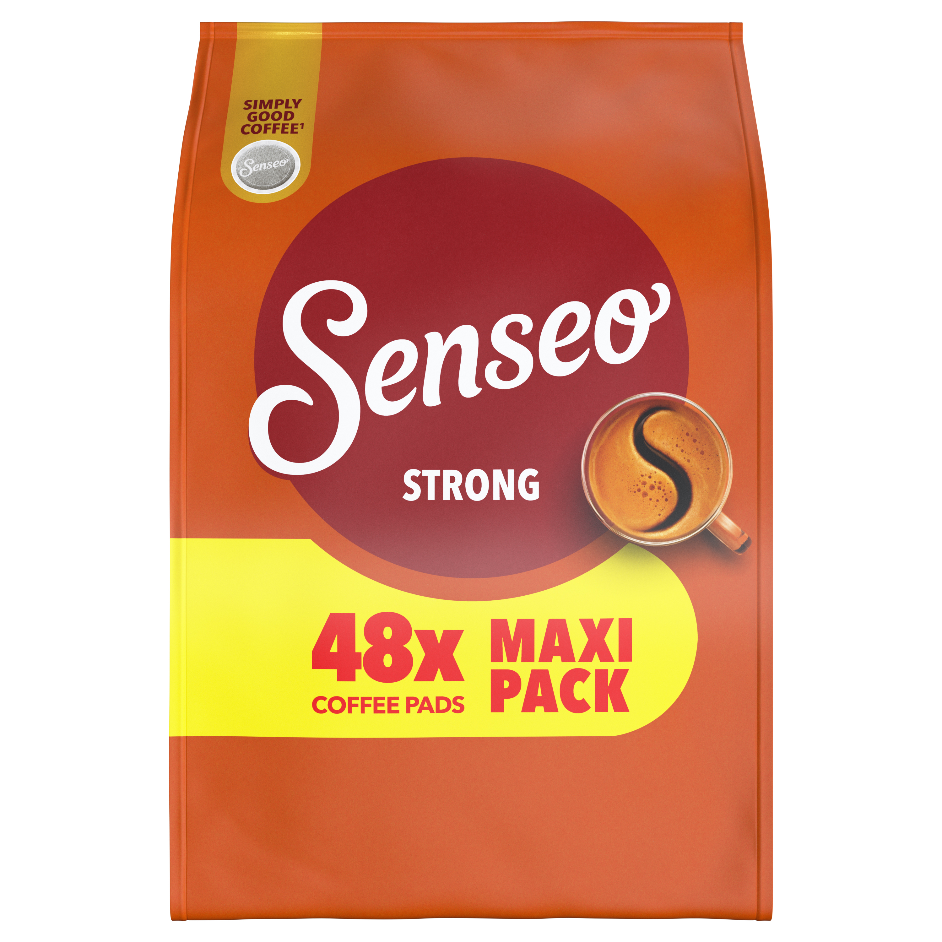 Orangefarbene Senseo Strong Kaffeepads Maxi Packung mit 48 Stück und Tasse Kaffee.