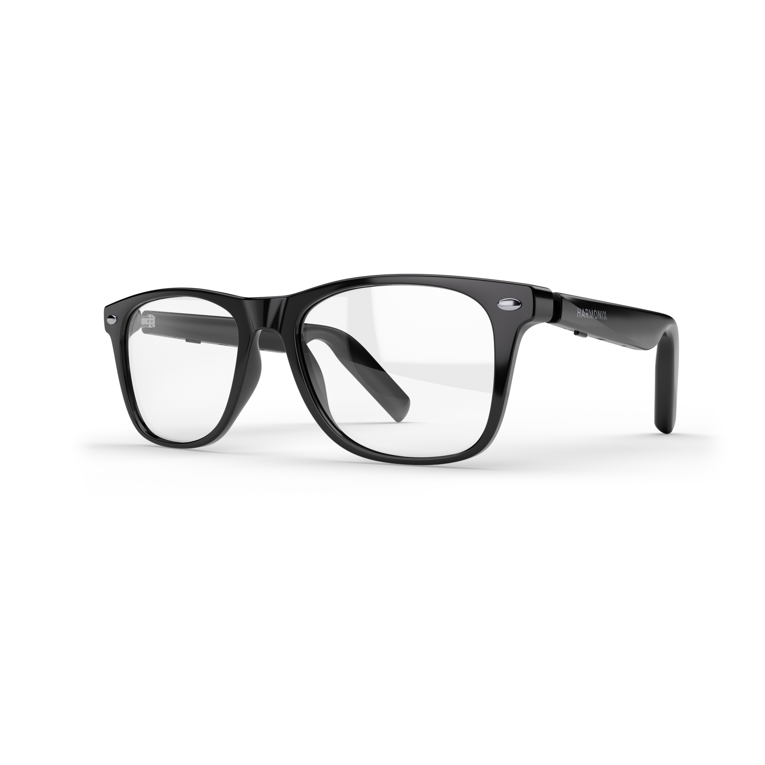Eine Brille mit schwarzem Gestell und klaren Gläsern, leicht angewinkelt auf einer weißen Oberfläche.