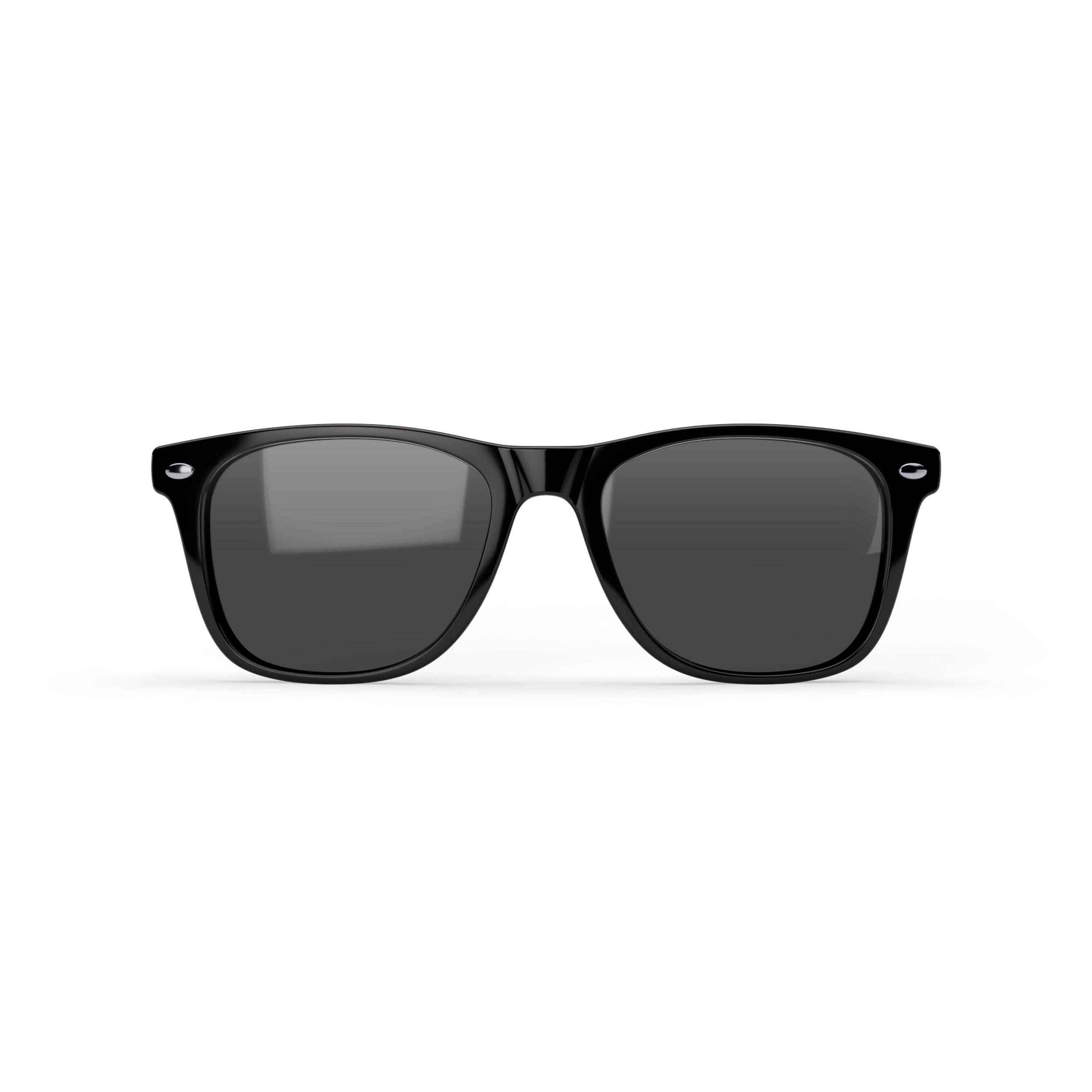 Eine klassische schwarze Sonnenbrille mit dunkel getönten Gläsern auf weißem Hintergrund.