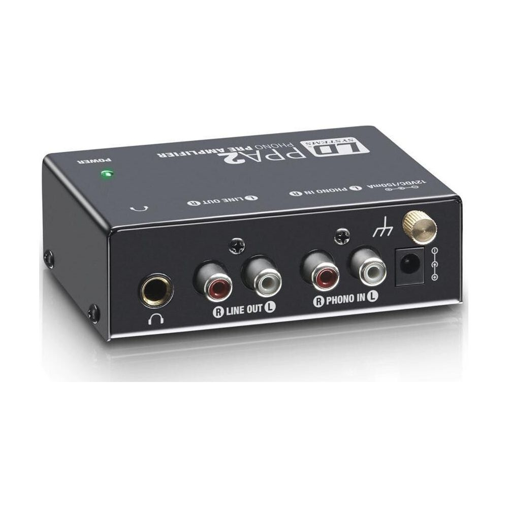 Ein schwarzer LD Systems PPA2 Phono-Vorverstärker zeigt auf der Rückseite Line-Out-, Phono-In-Anschlüsse und den Netzeingang.