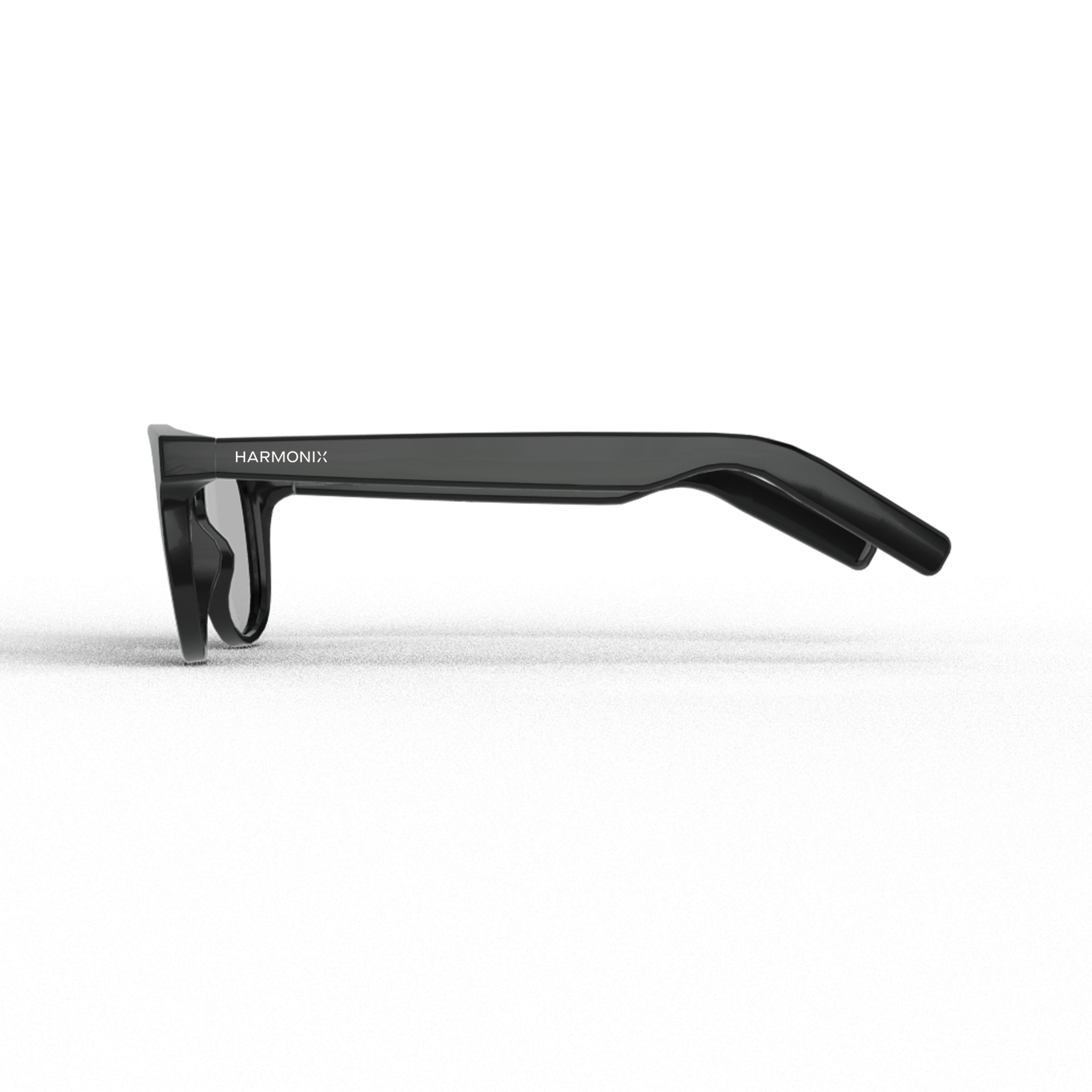 Seitenansicht schwarzer Harmonix Smart Glasses auf weißer Fläche.