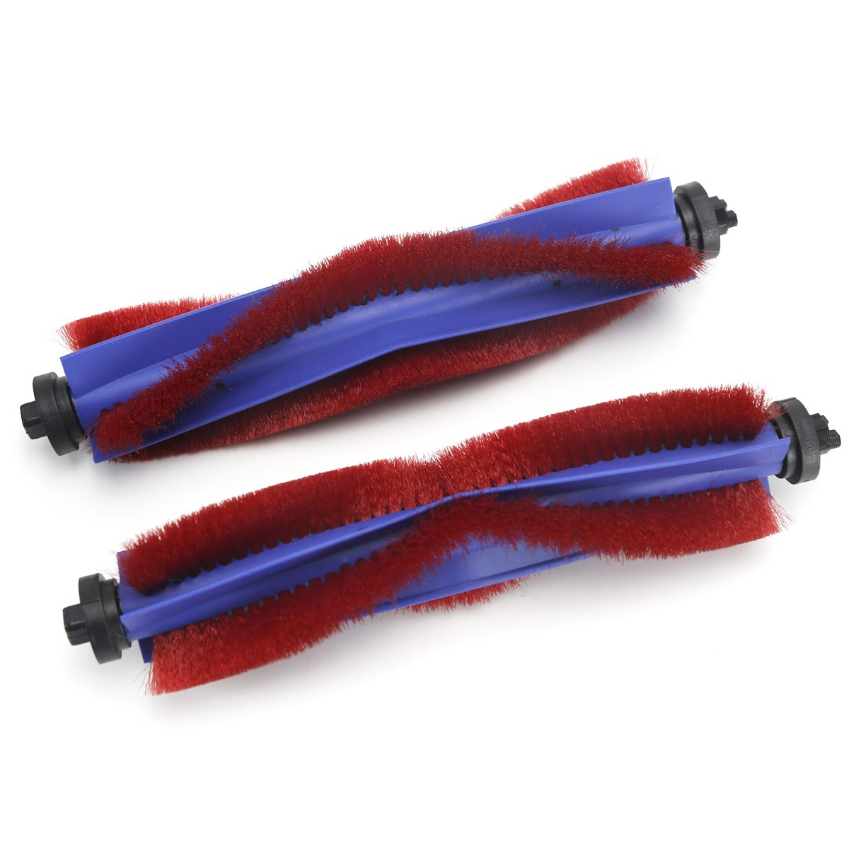 Deux brosses à rouleau de rechange d'aspirateur bleues et rouges sur fond blanc.