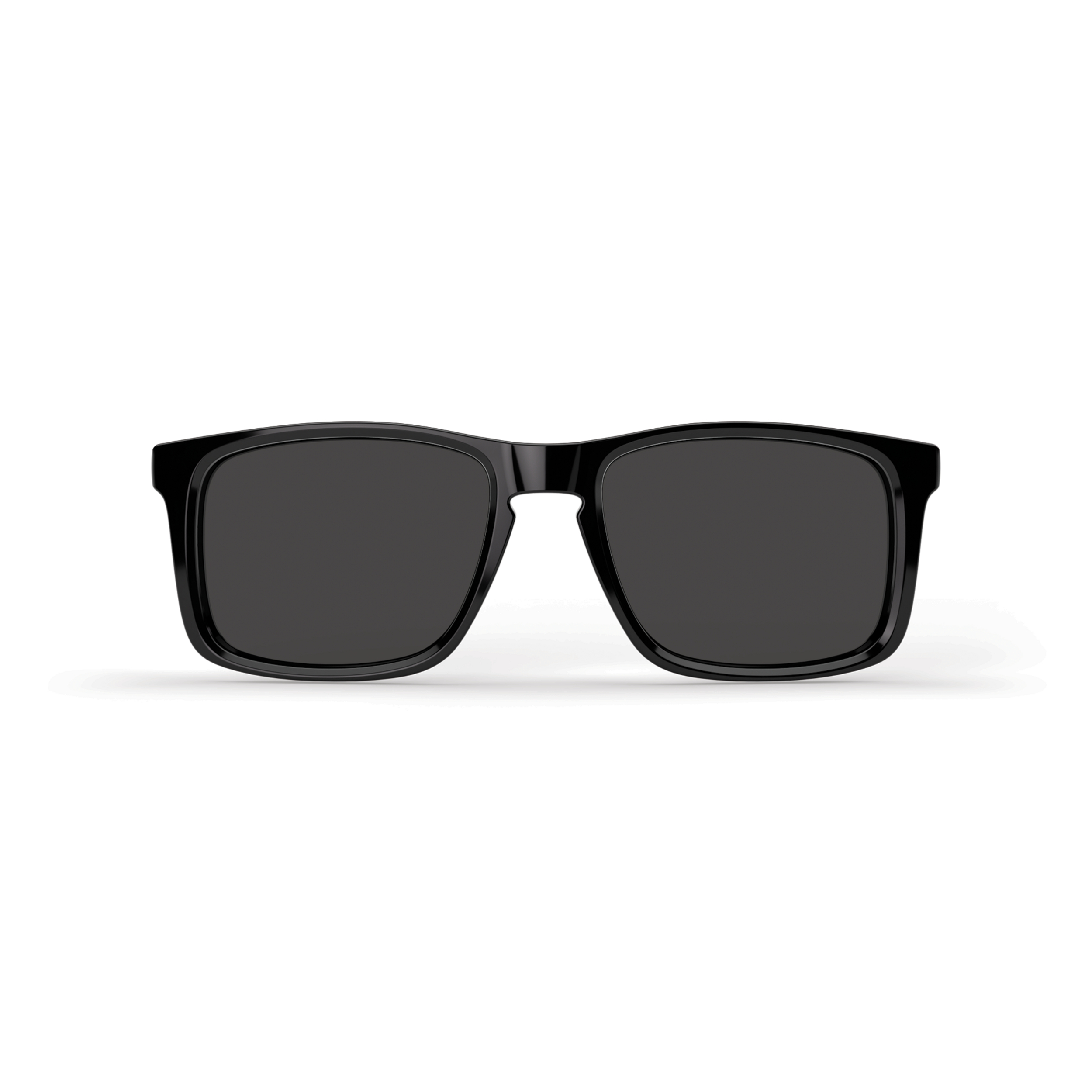 Schwarze Sonnenbrille mit rechteckigen Gläsern auf weißem Hintergrund.