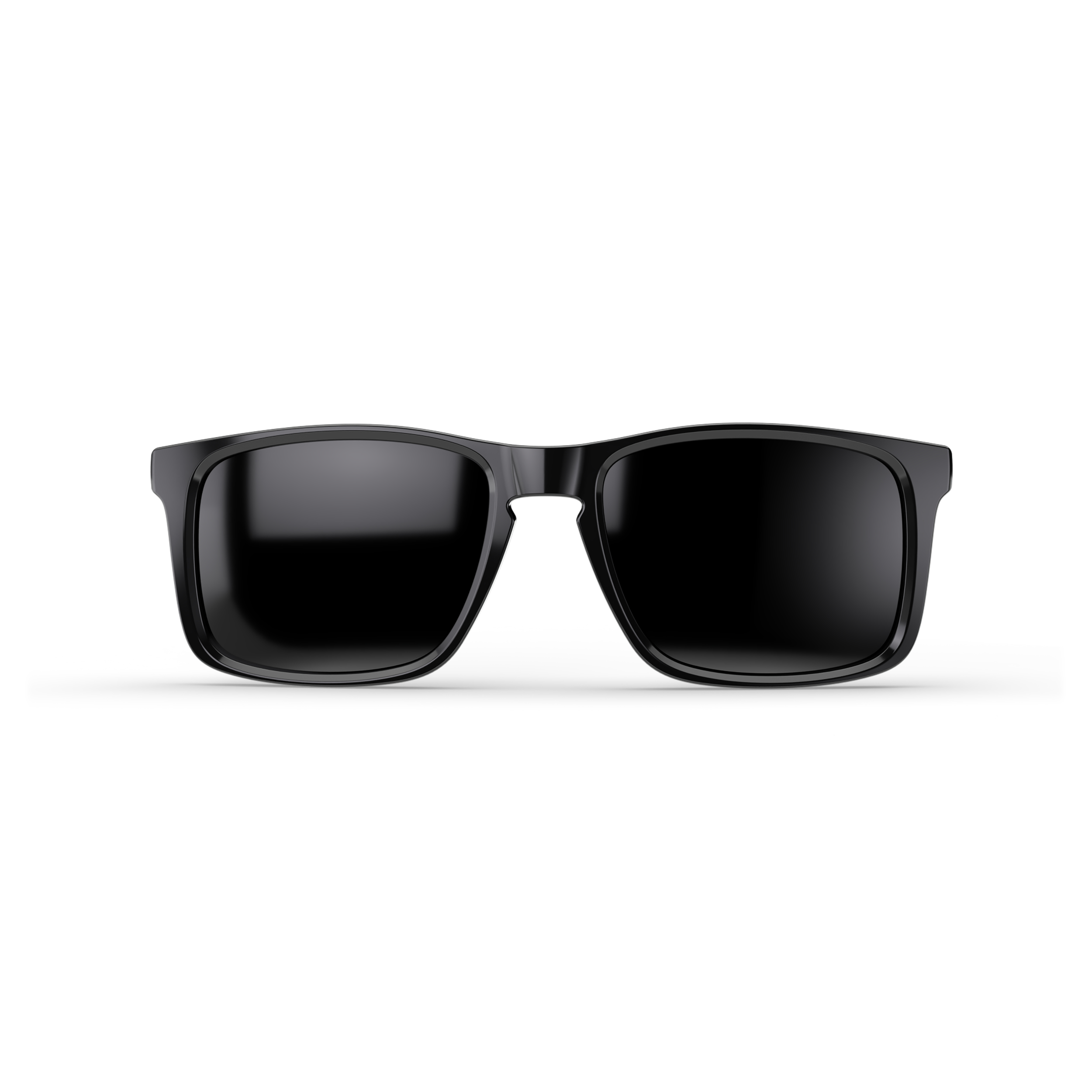 Eine elegante schwarze Sonnenbrille mit dunkel getönten Gläsern vor weißem Hintergrund.