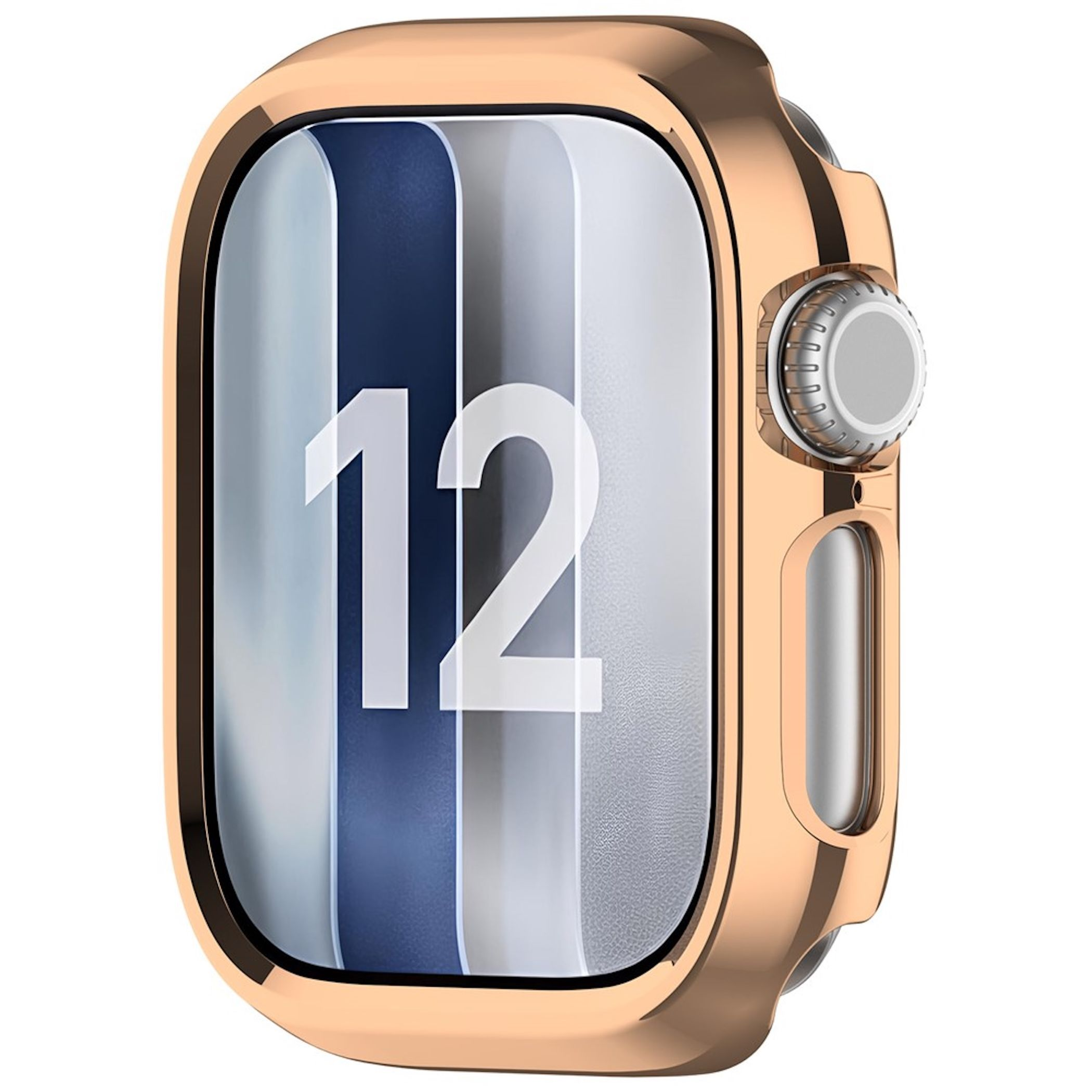 Uno smartwatch in oro rosa con un display che mostra il grande numero 12 e delle strisce.