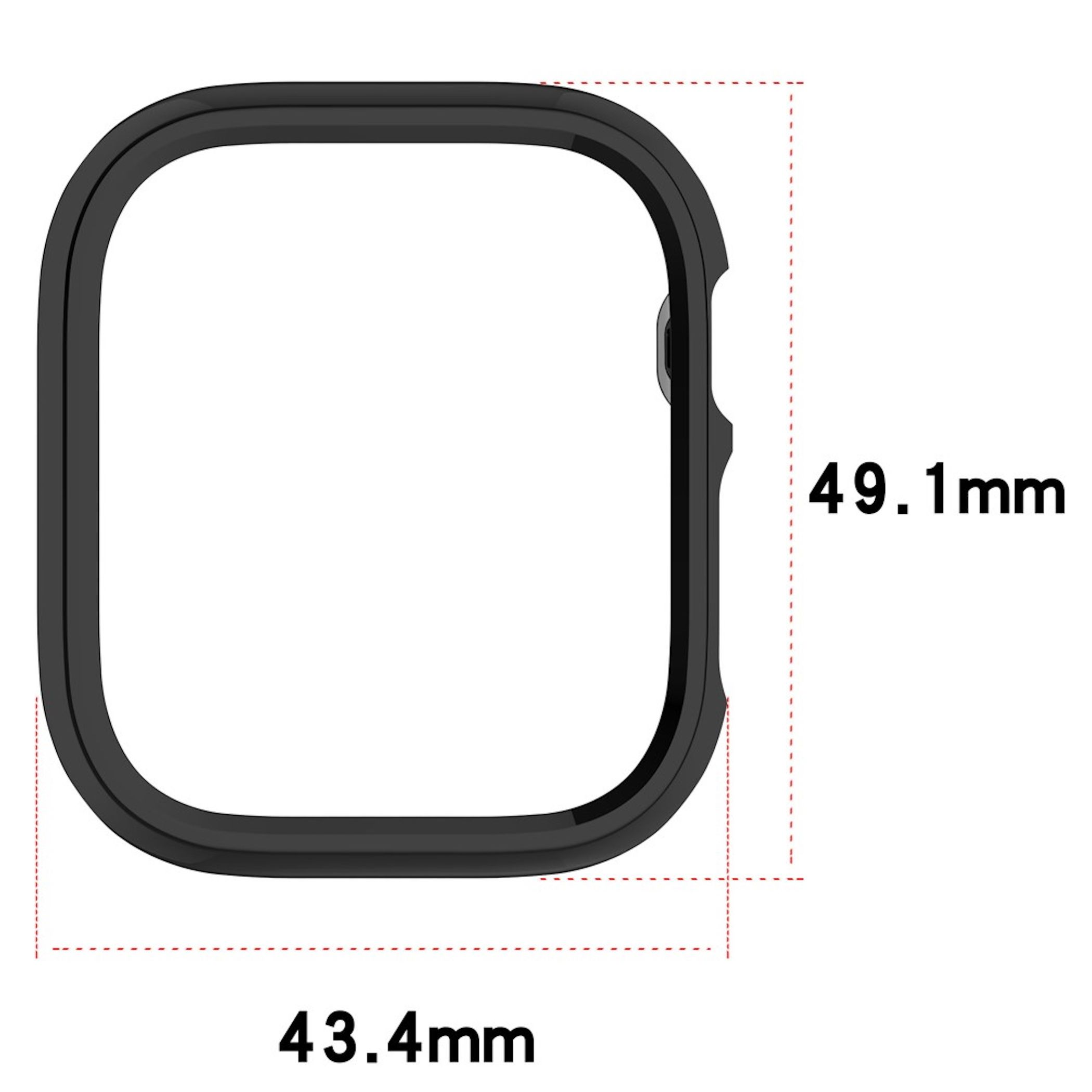 Schema con le dimensioni della cassa dell'orologio nero: 43.4 mm di larghezza e 49.1 mm di altezza su sfondo bianco.