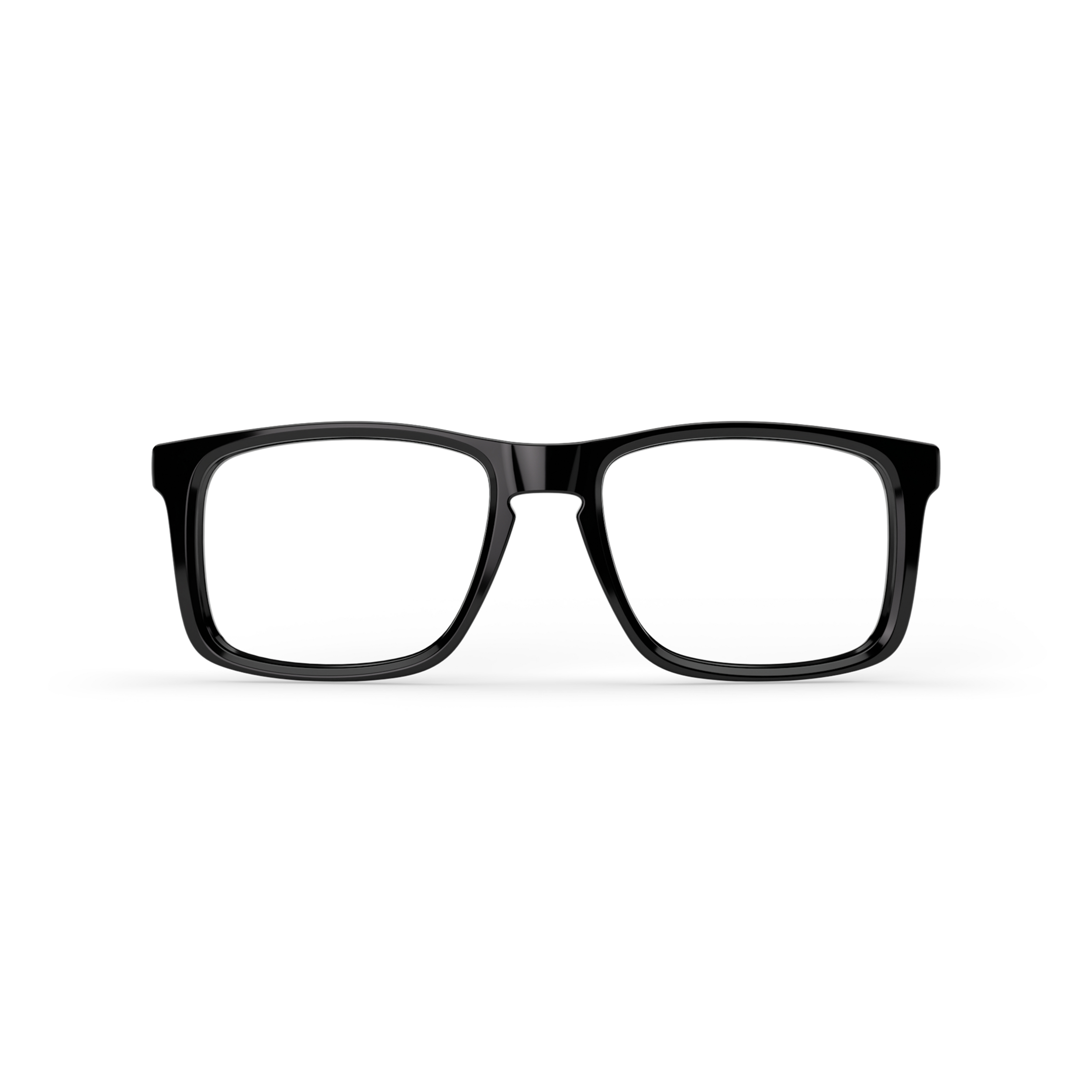 Schwarze Brille mit dickem Gestell auf weißem Hintergrund.