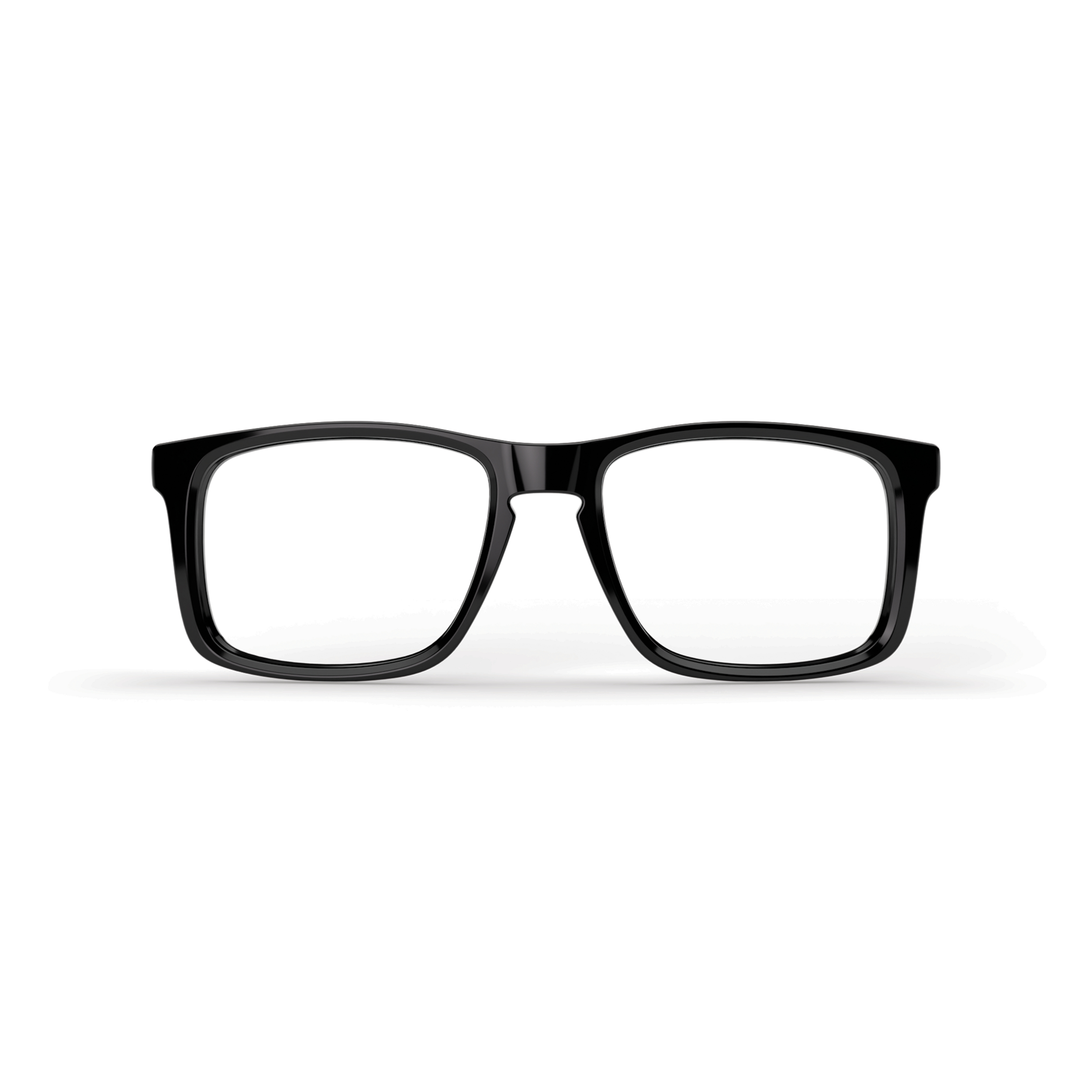 Schwarze Brille mit rechteckigem Gestell und durchsichtigen Gläsern auf weißem Hintergrund.
