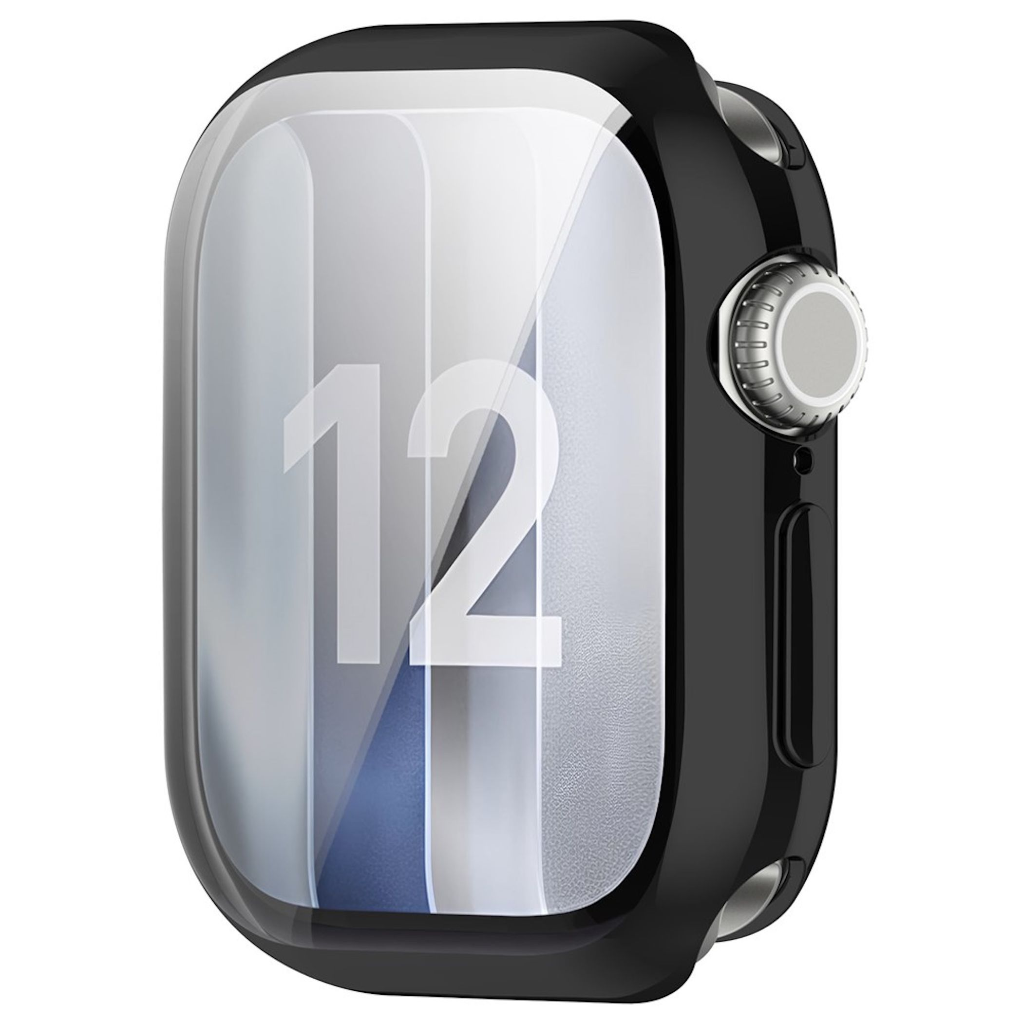 Schwarze Smartwatch im Case mit Nummer 12 auf dem Display.