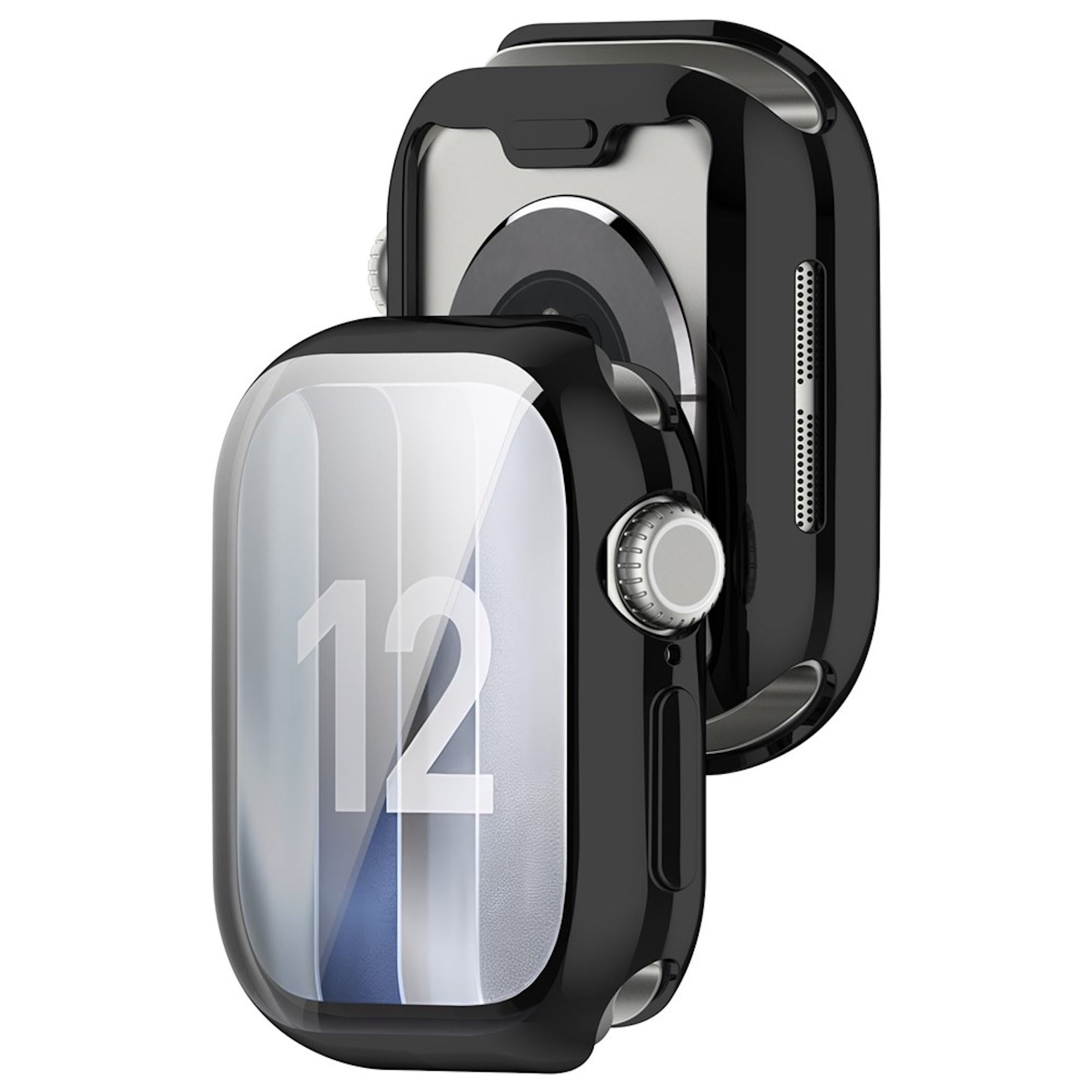 Schwarze Smartwatch-Schutzhülle mit Displayfolie, die die Nummer 12 anzeigt.