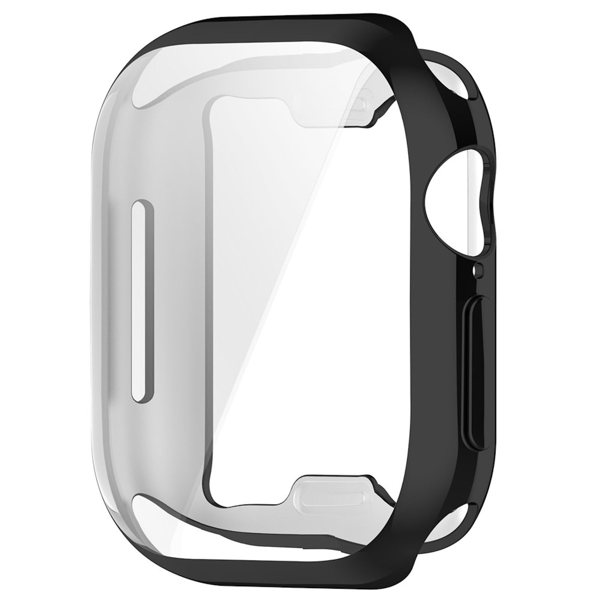 Eine schwarze Schutzhülle mit klarem Displayschutz für eine Smartwatch, auf weißem Hintergrund.