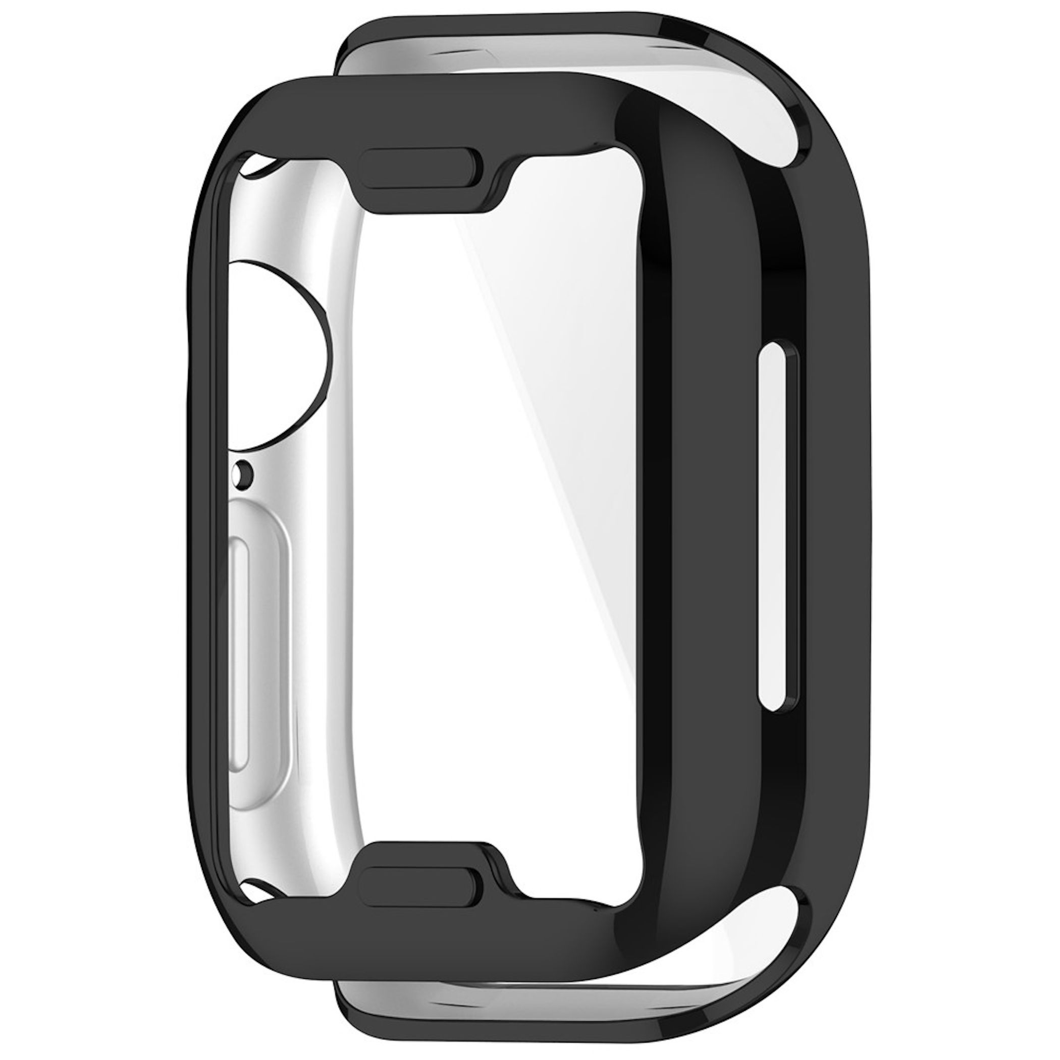 Ein schwarzes Schutzgehäuse für eine Smartwatch auf weißem Hintergrund.