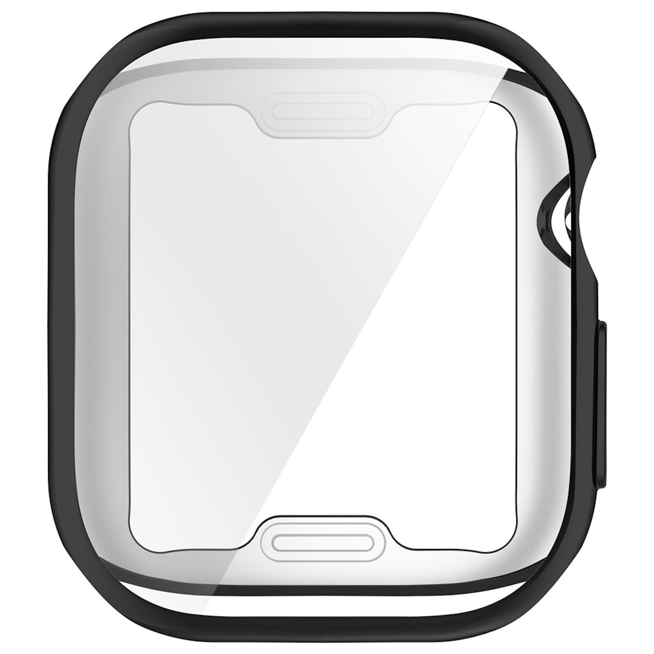Eine schwarze Smartwatch-Schutzhülle mit klarem Displayschutz auf weißem Hintergrund.