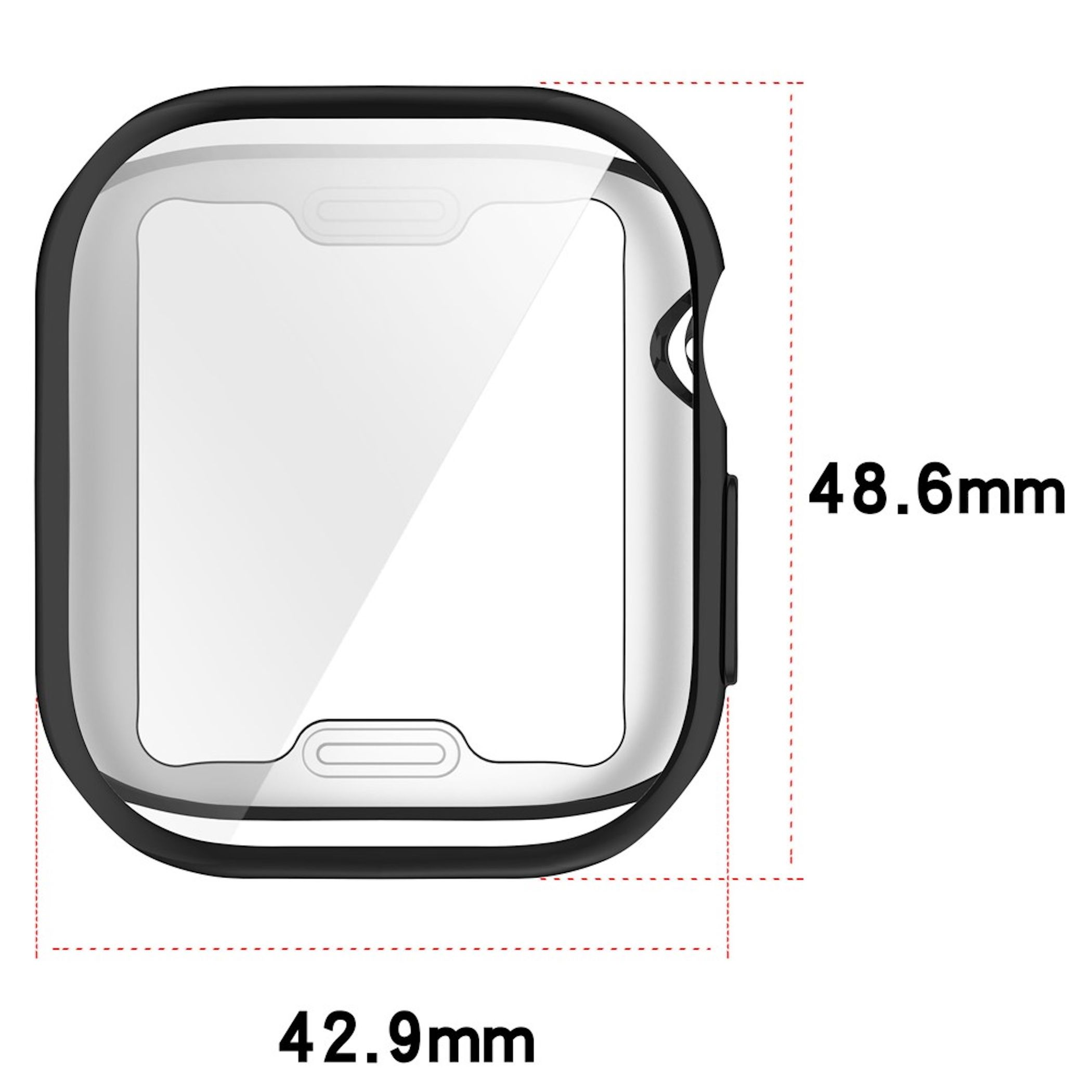 Schwarze Smartwatch-Hülle, 48,6 mm hoch und 42,9 mm breit auf weißem Hintergrund.