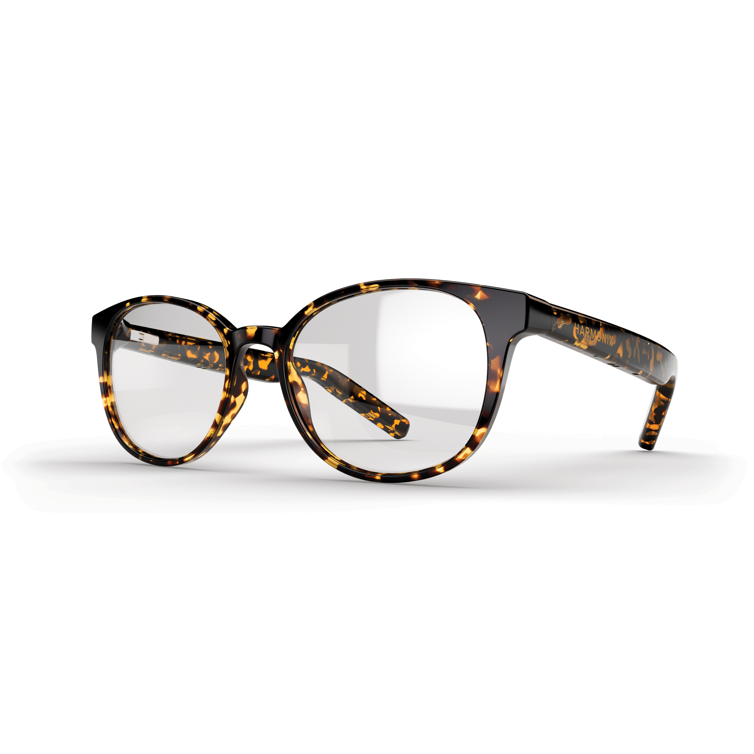 Schildpatt-Brille mit runden Gestellen und klaren Gläsern auf weißem Hintergrund.
