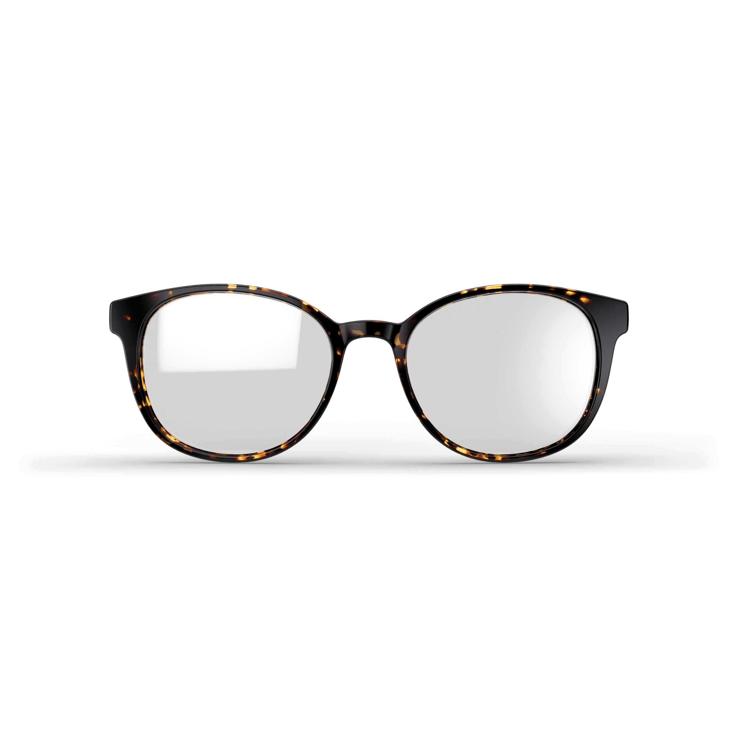 Schildpatt-Brille mit klaren Gläsern auf weißem Hintergrund.