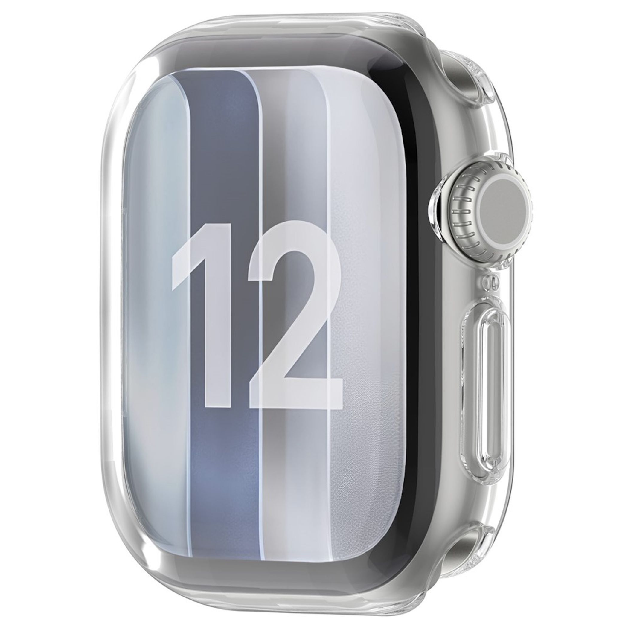 Eine Smartwatch mit klarer Schutzhülle und der Ziffer 12 auf dem Display.