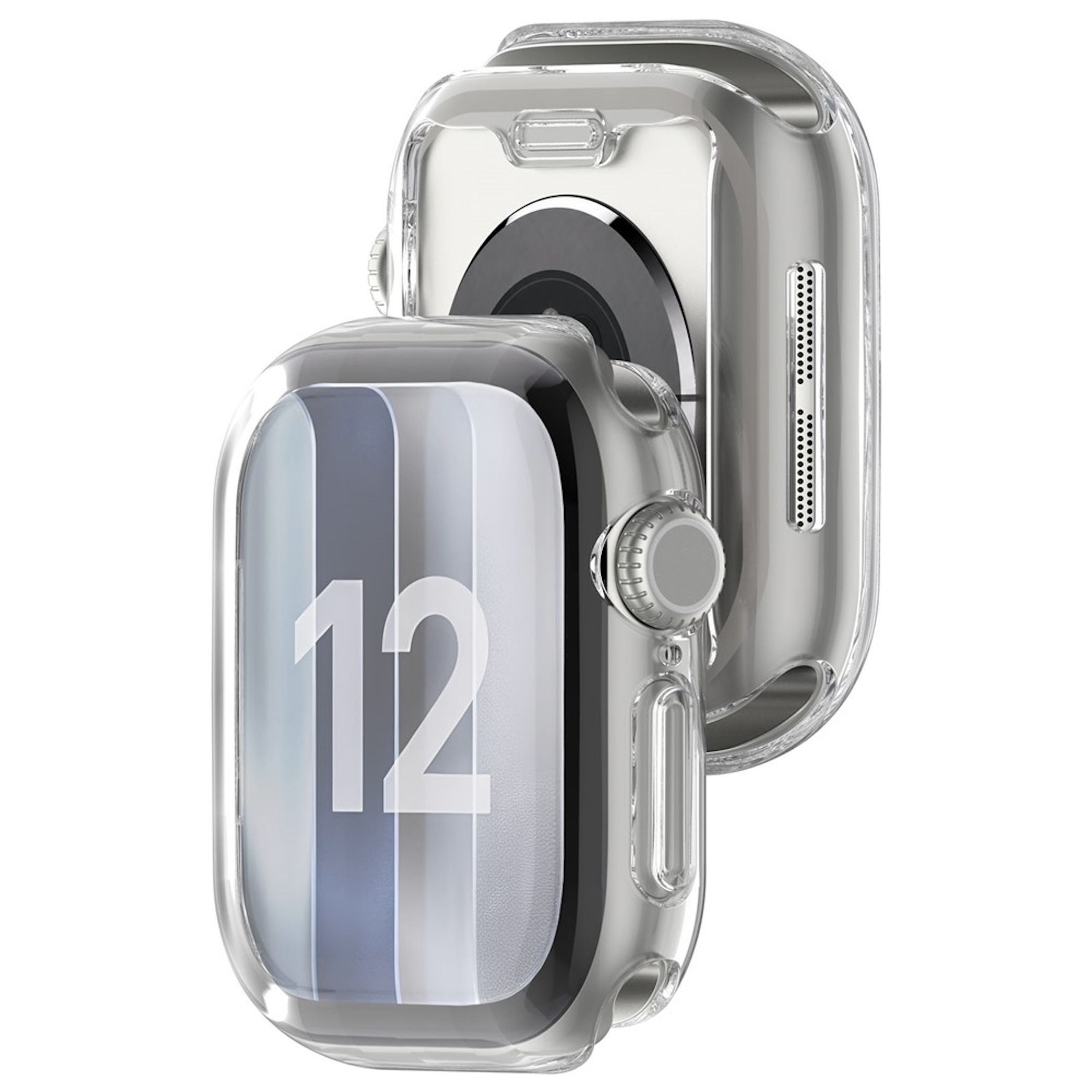 Zwei klare Schutzhüllen für Apple Watch, eine von vorne mit Zifferblatt 12 und eine von hinten.