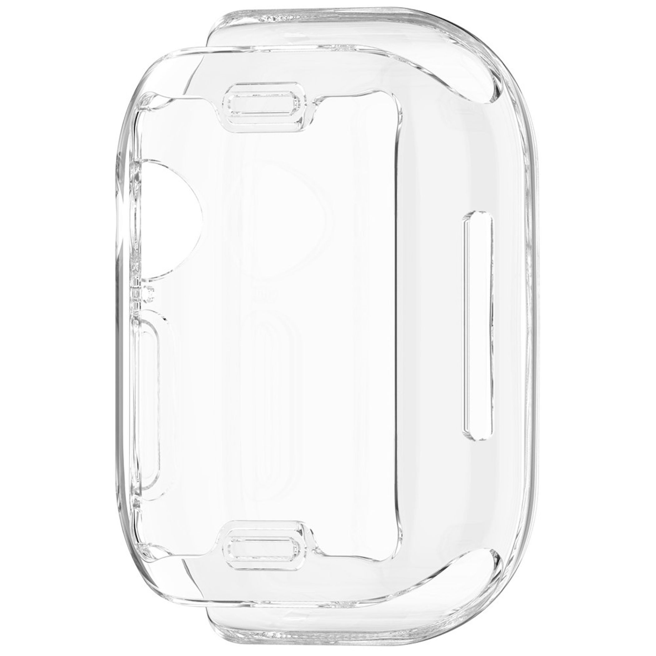 Transparente Schutzhülle für eine Smartwatch vor weißem Hintergrund.