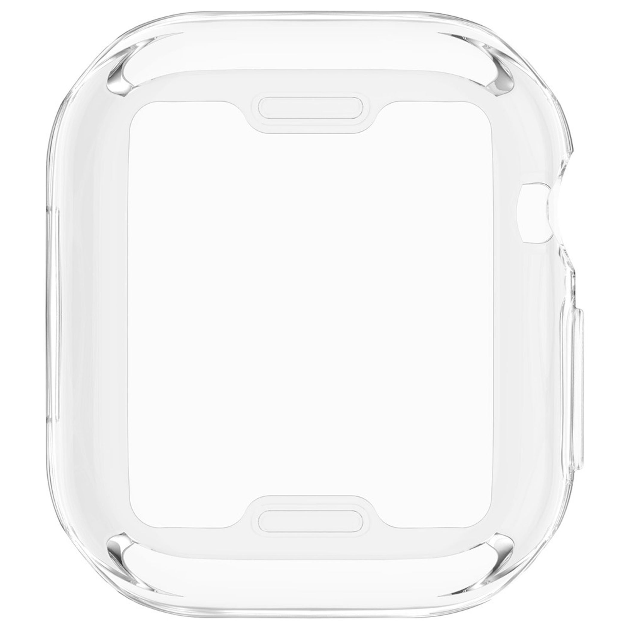 Eine klare, transparente Schutzhülle für eine Smartwatch auf weißem Grund.
