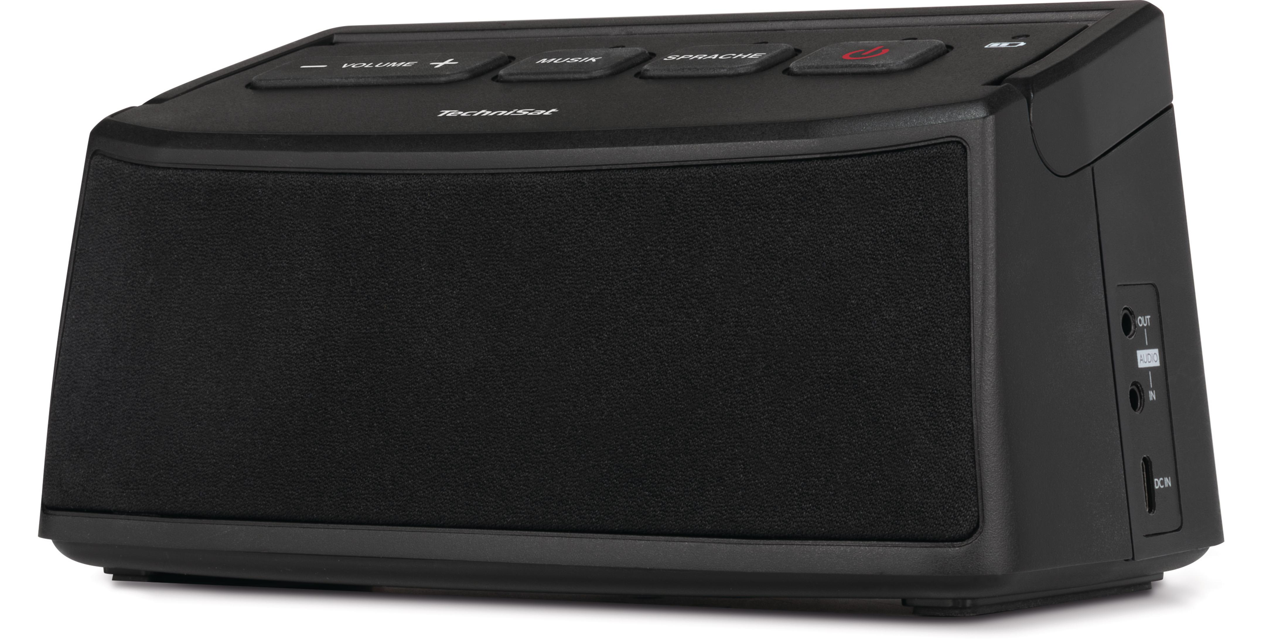 Ein schwarzer TechniSat-Lautsprecher mit Knöpfen oben und Audio-Anschlüssen an der Seite.