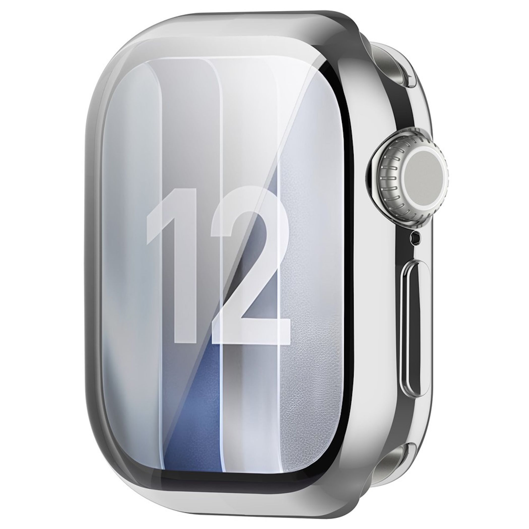 Eine silberne Smartwatch mit Schutzhülle und Zifferblatt mit der Zahl 12.